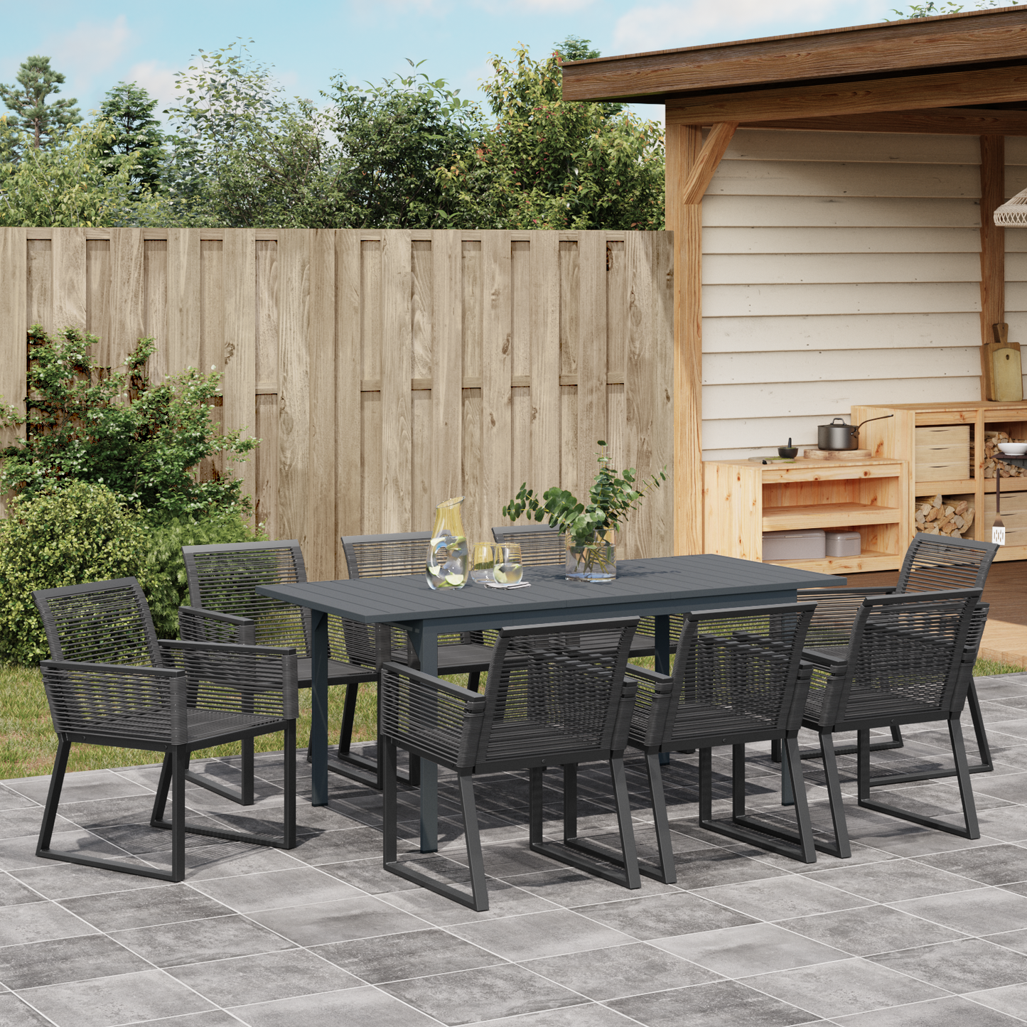 6 Piece Garden Dining Set Black Steel and Poly Rattan