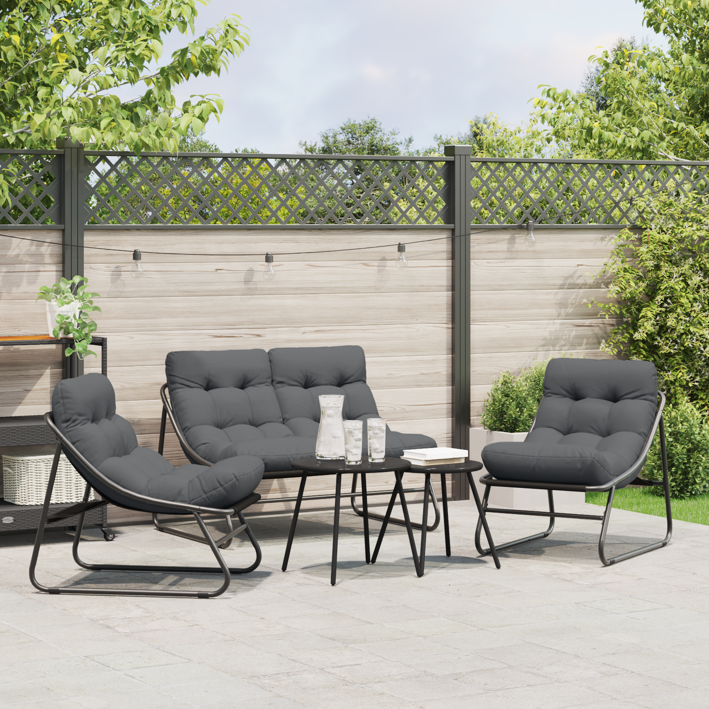 5 Piece Garden Sofa Set with Cushions Black Steel