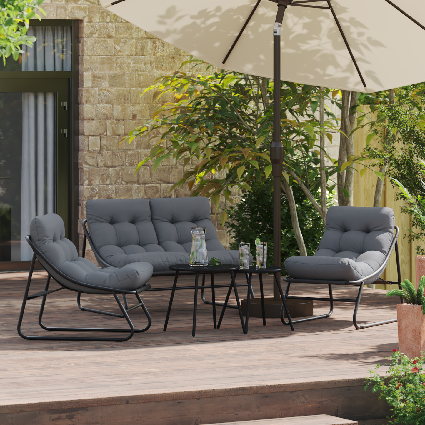 5 Piece Garden Sofa Set with Cushions Black Steel