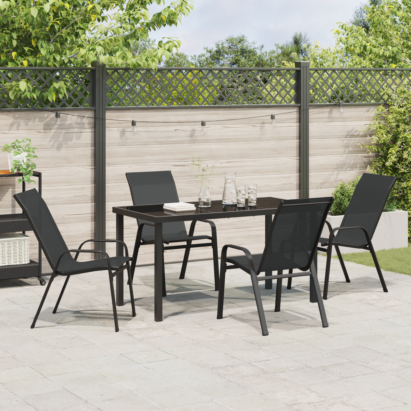 5 Piece Garden Dining Set Black Textilene and Steel