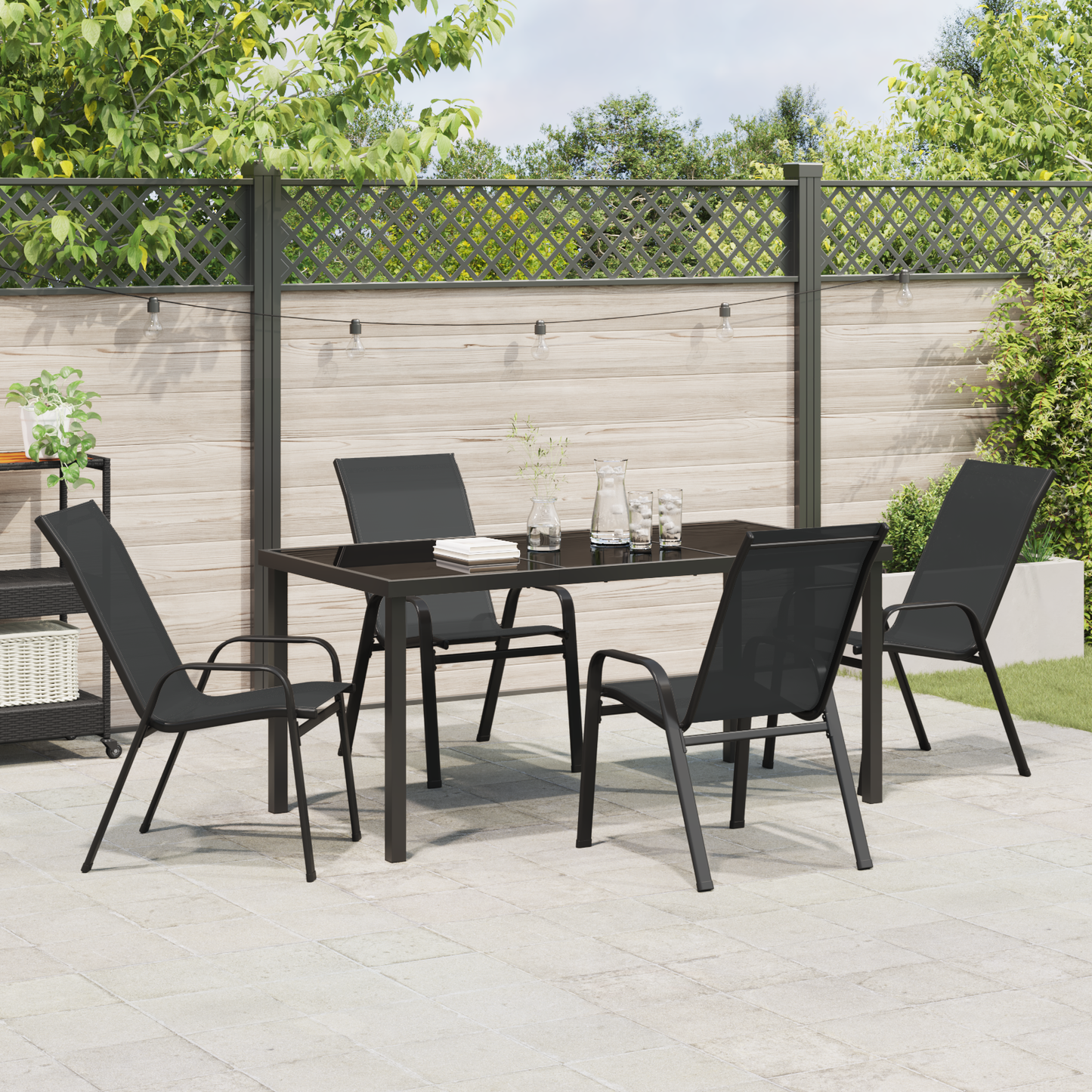 5 Piece Garden Dining Set Black Textilene and Steel
