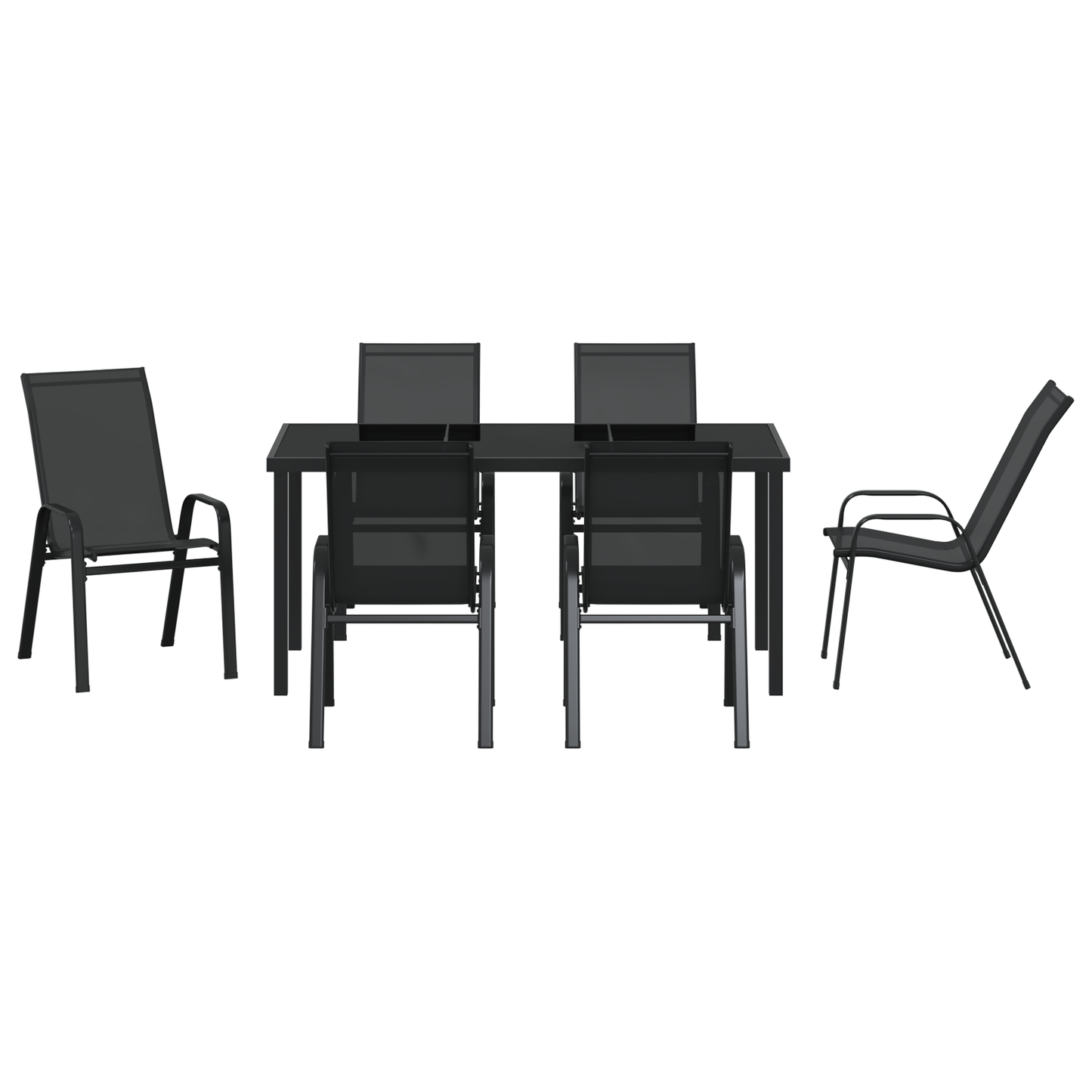 7 Piece Garden Dining Set Black Textilene and Steel