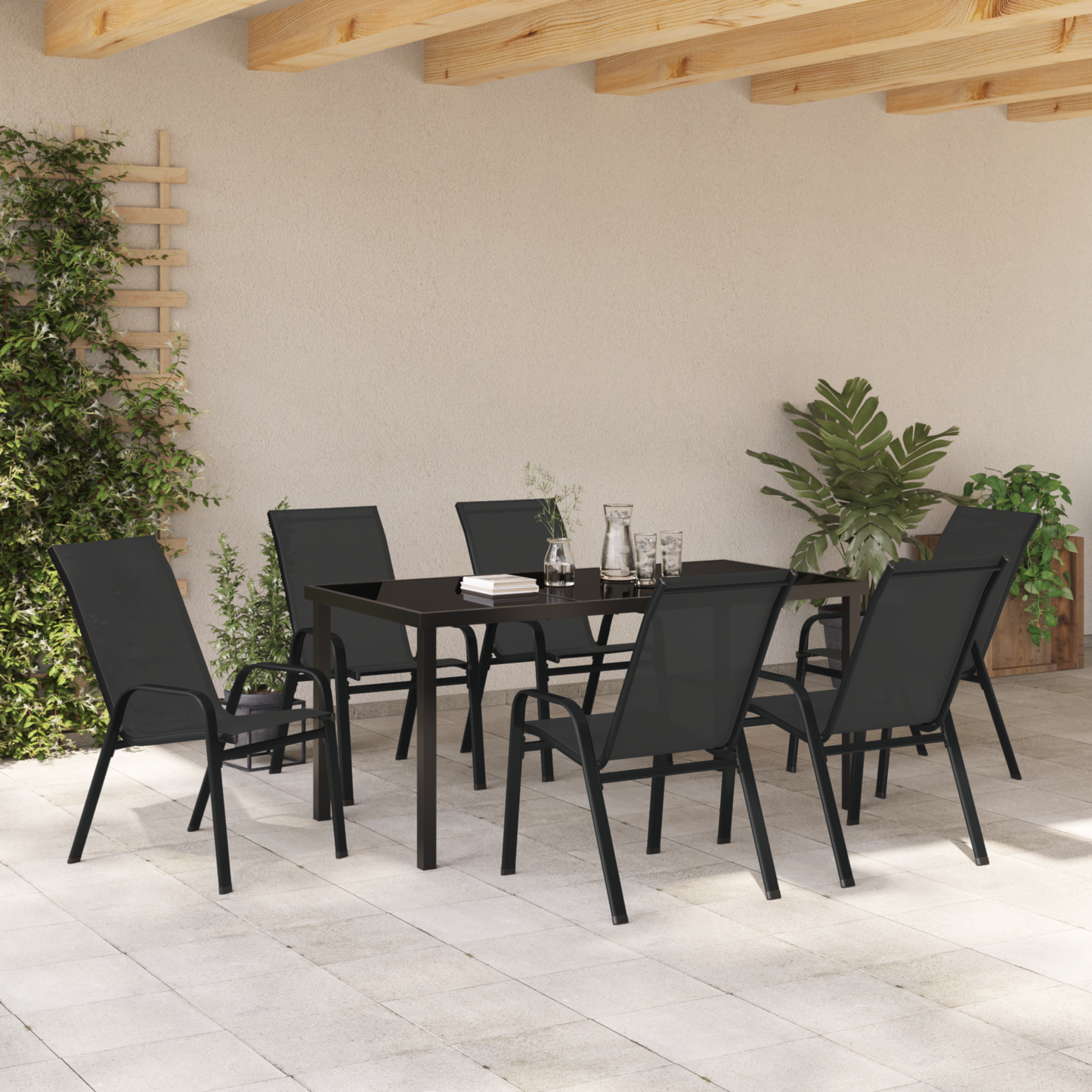 7 Piece Garden Dining Set Black Textilene and Steel