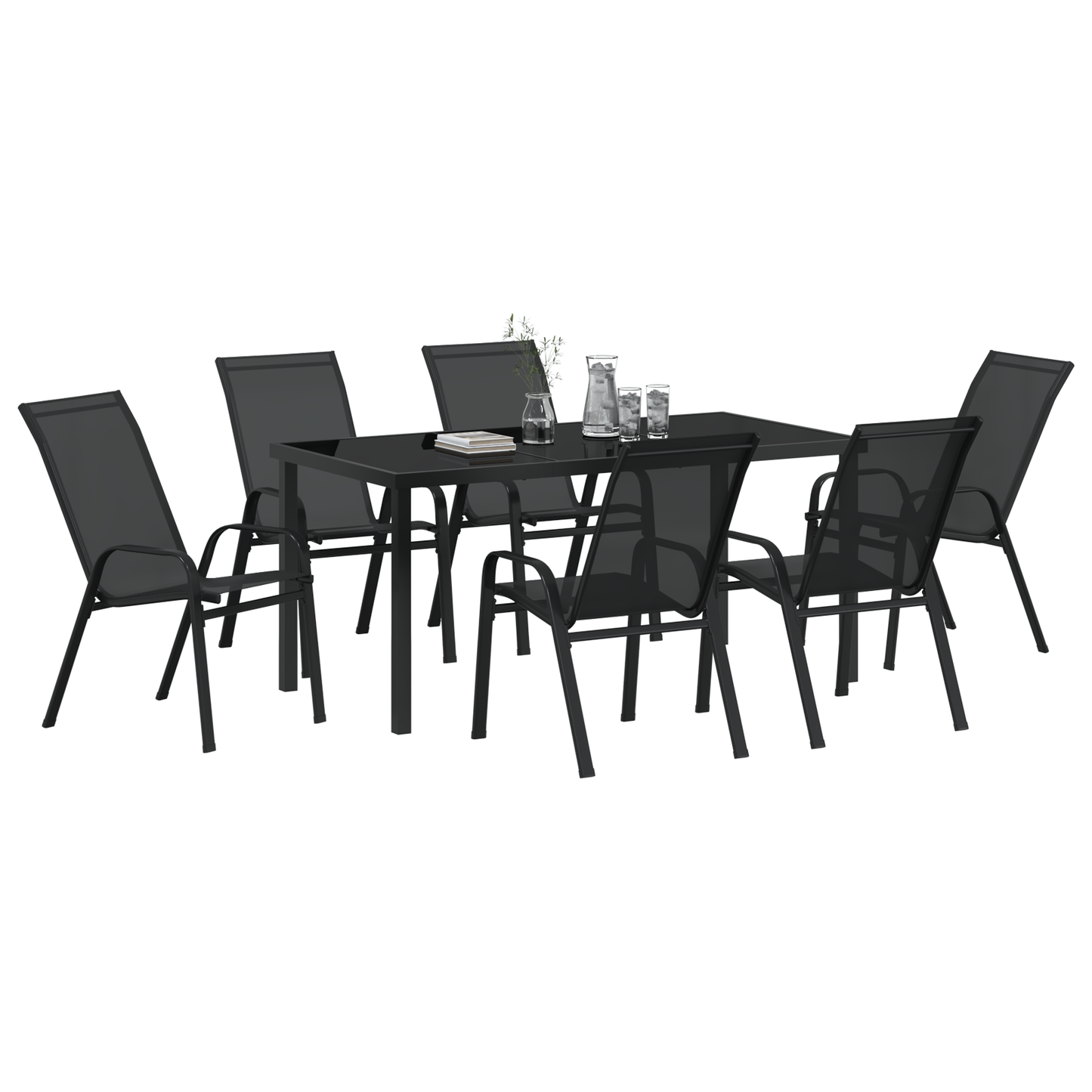 7 Piece Garden Dining Set Black Textilene and Steel