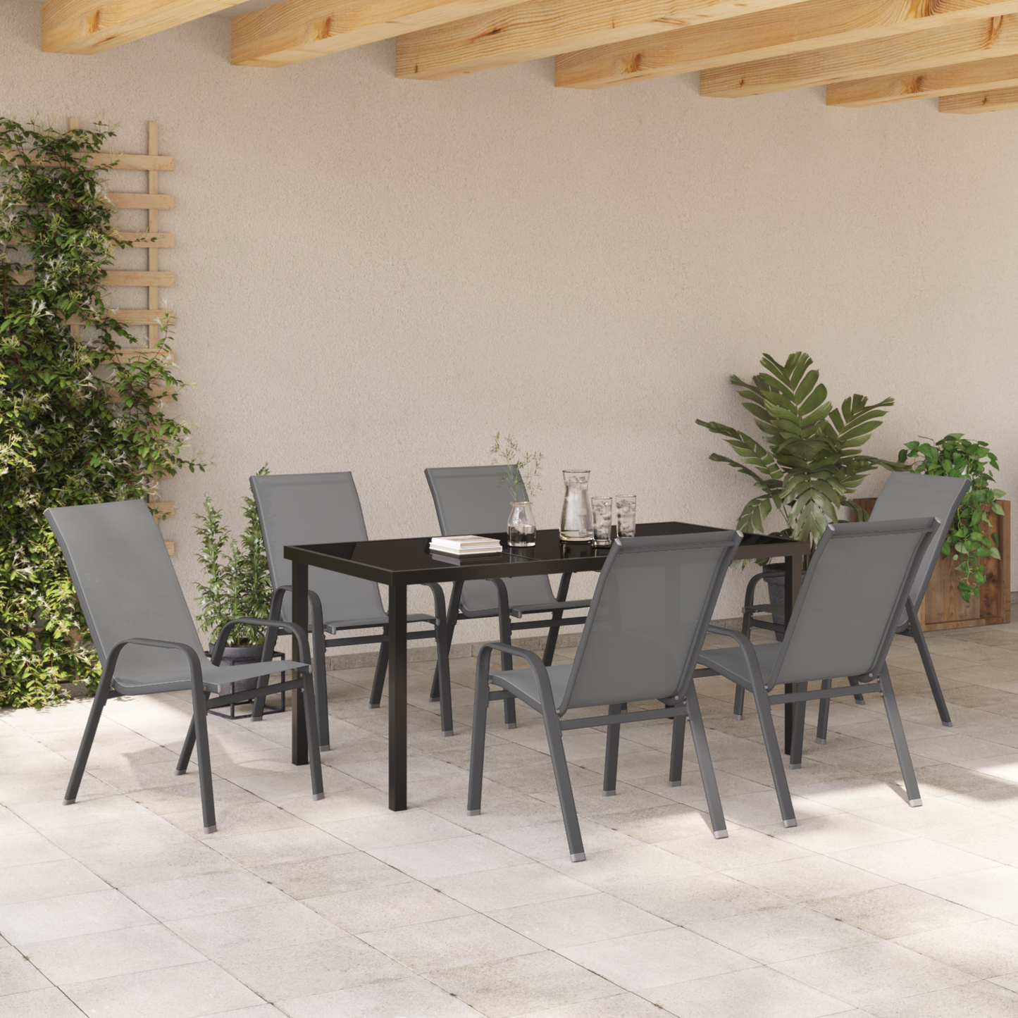 7 Piece Garden Dining Set Grey Textilene and Steel