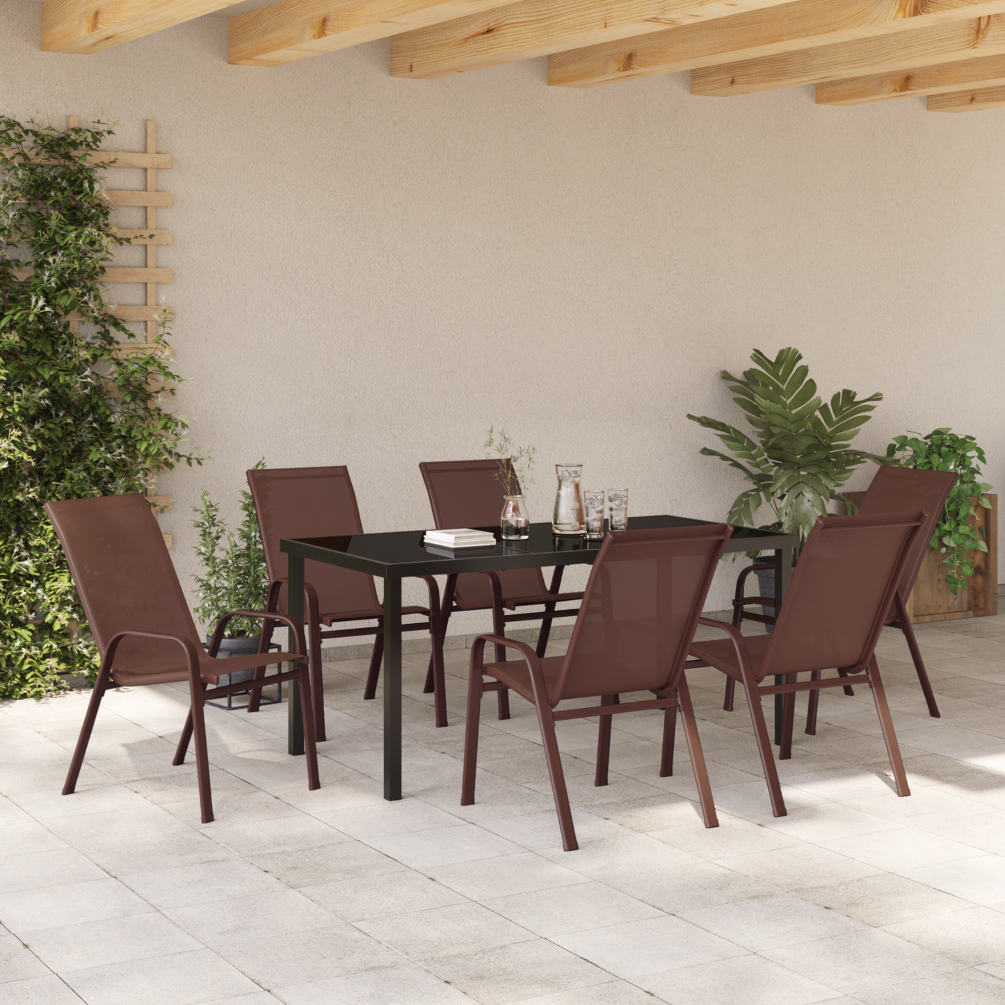 7 Piece Garden Dining Set Brown Textilene and Steel