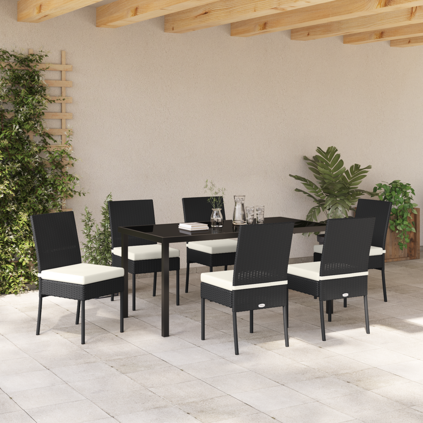 7 Piece Garden Dining Set Black Poly Rattan