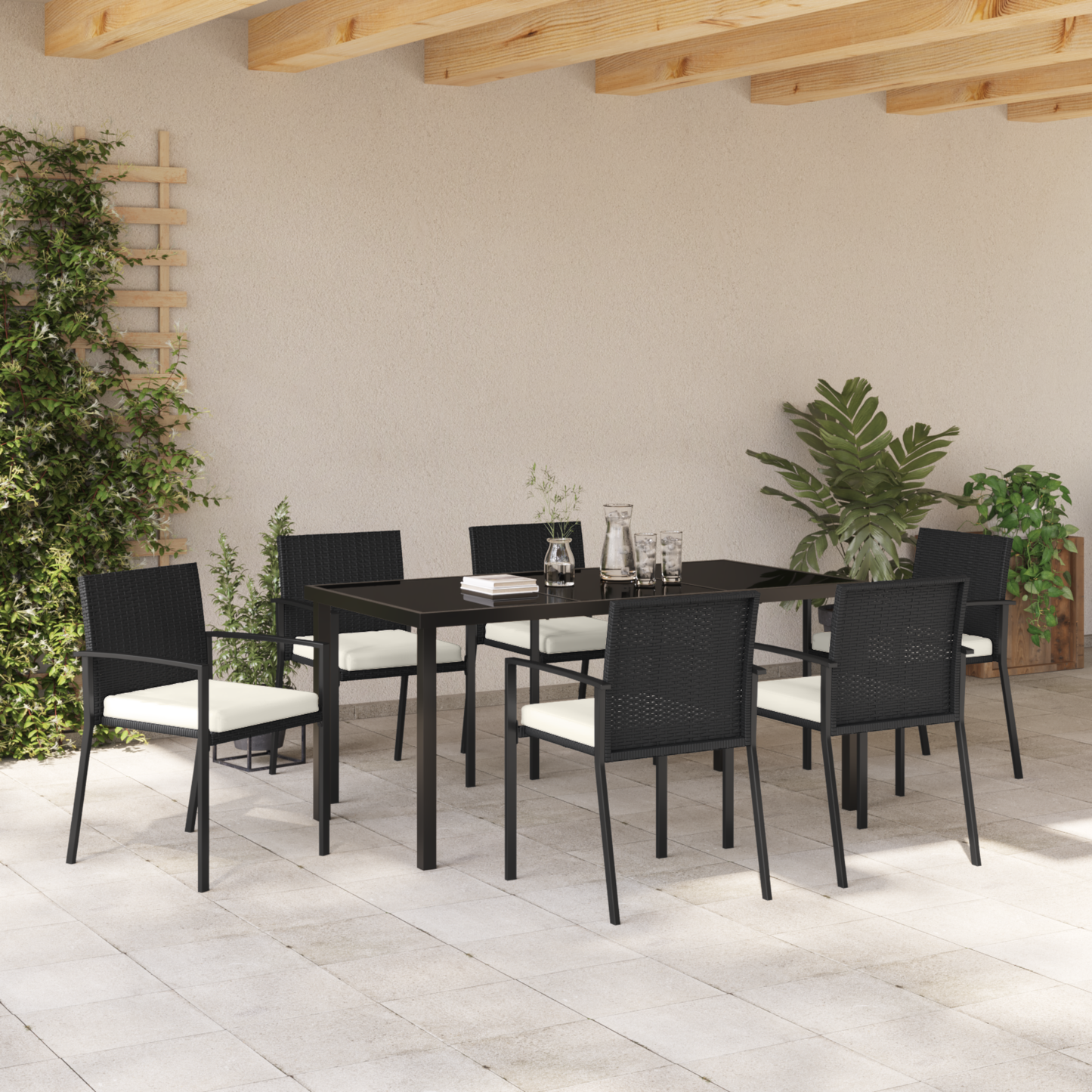 7 Piece Garden Dining Set Black Poly Rattan