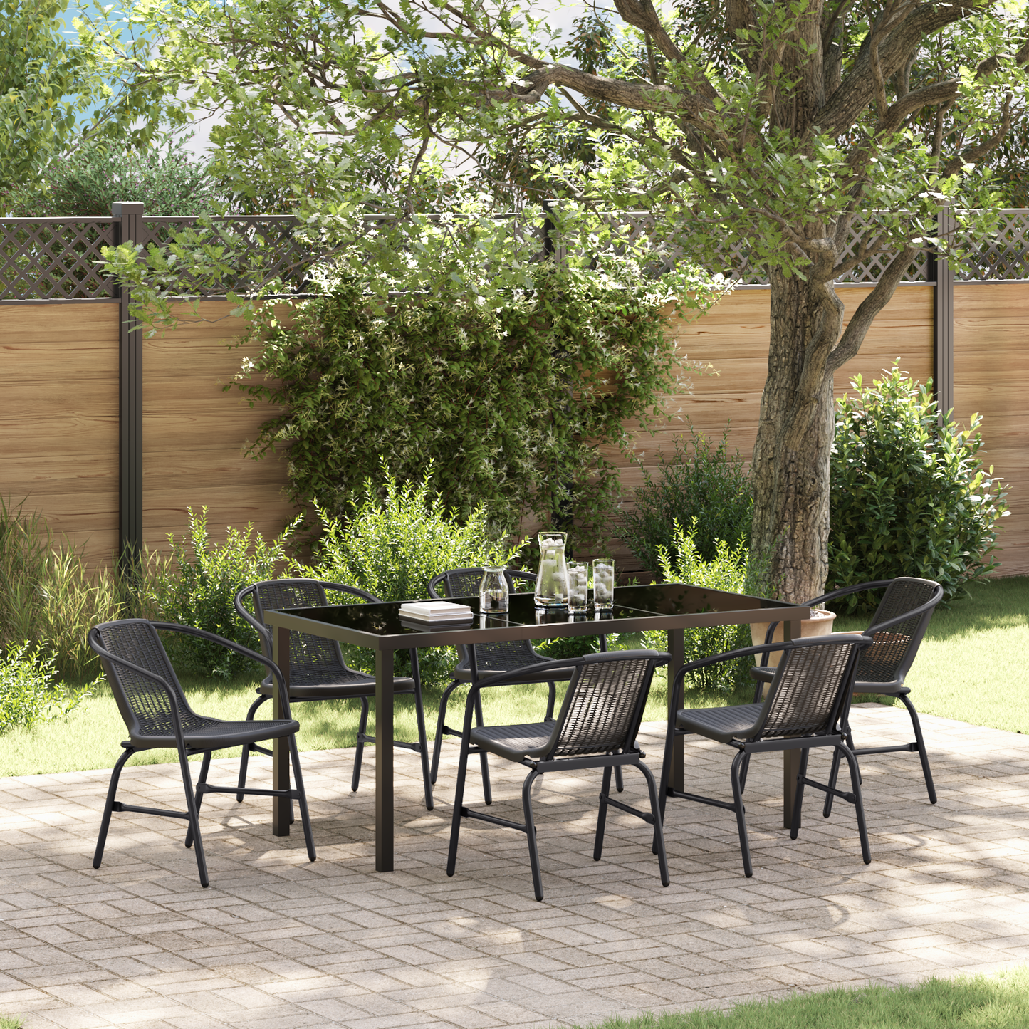 7 Piece Garden Dining Set Black Poly Rattan