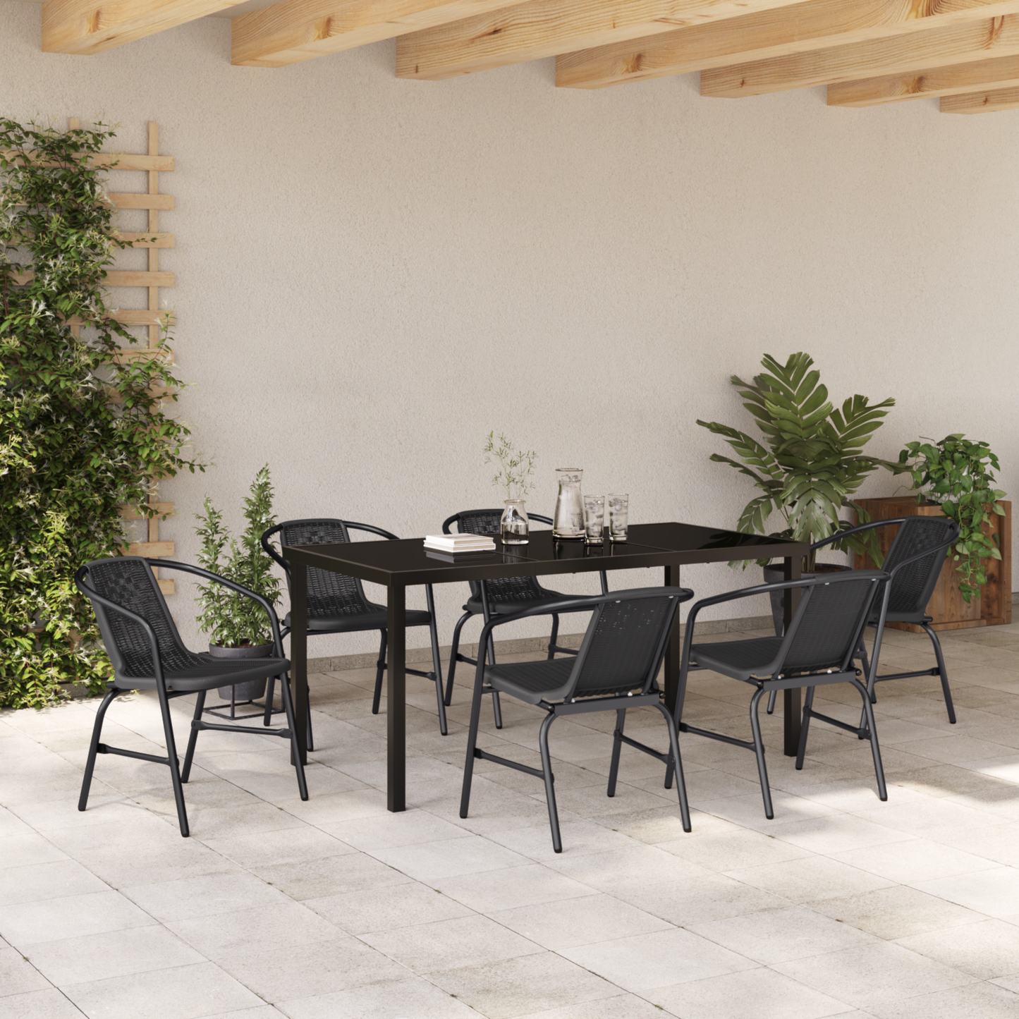7 Piece Garden Dining Set Black Poly Rattan
