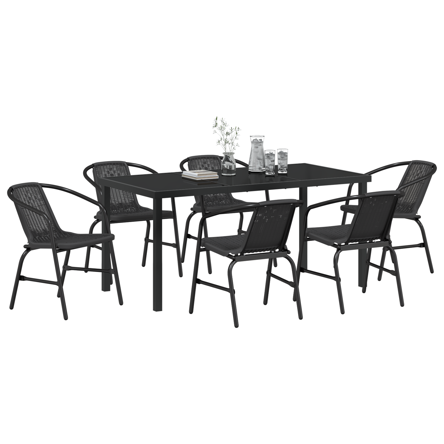 7 Piece Garden Dining Set Black Poly Rattan