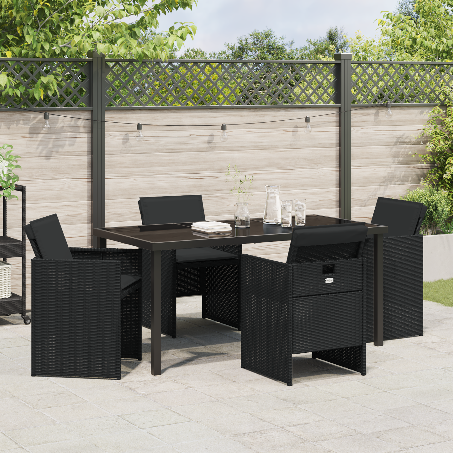 5 Piece Garden Dining Set with Cushions Black Poly Rattan