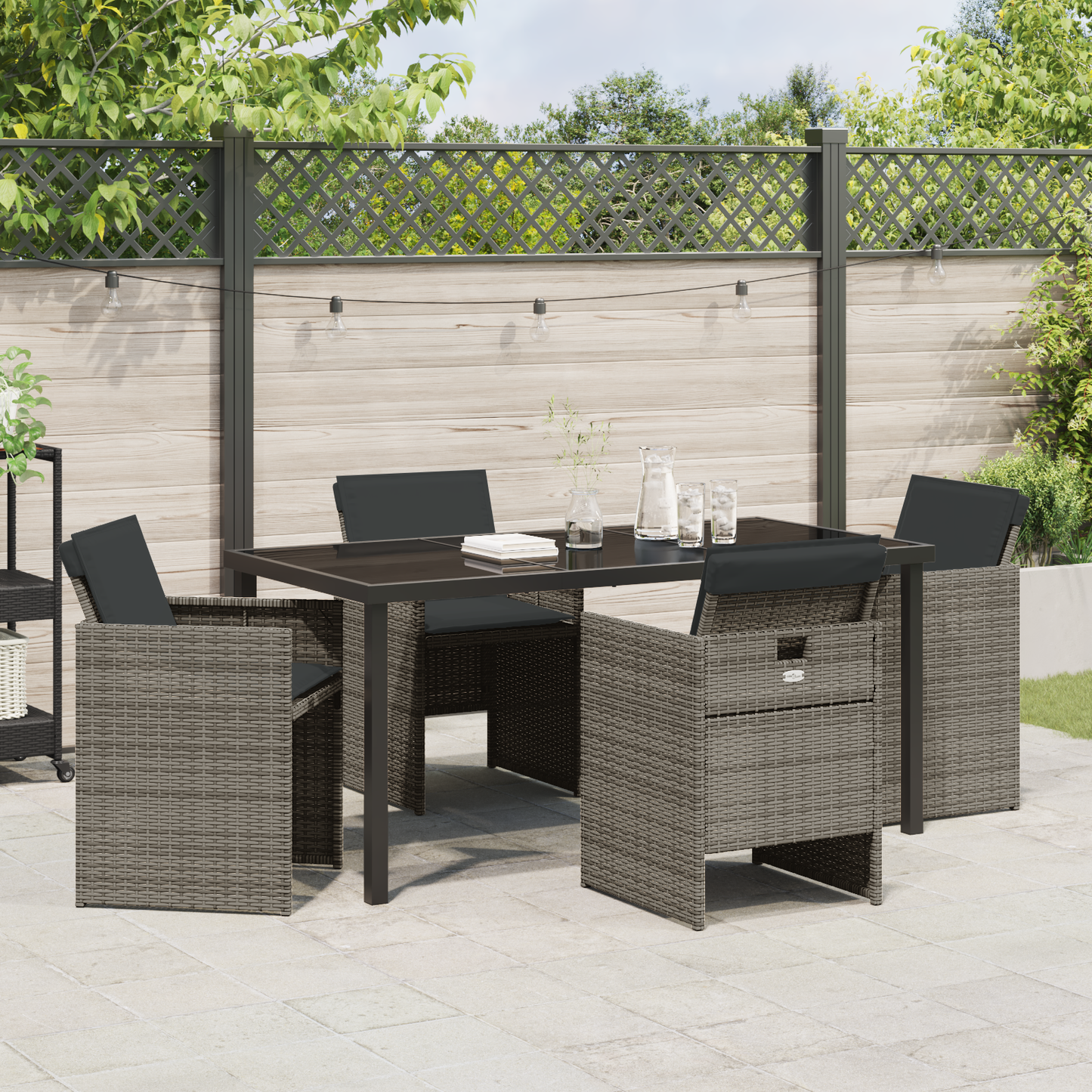 5 Piece Garden Dining Set with Cushions Grey Poly Rattan