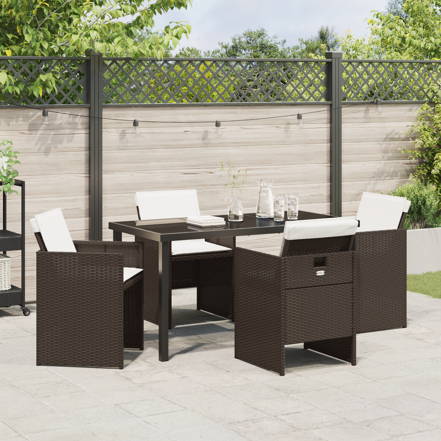 5 Piece Garden Dining Set with Cushions Brown Poly Rattan