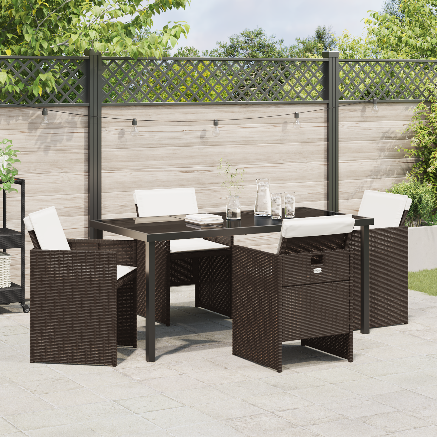 5 Piece Garden Dining Set with Cushions Brown Poly Rattan