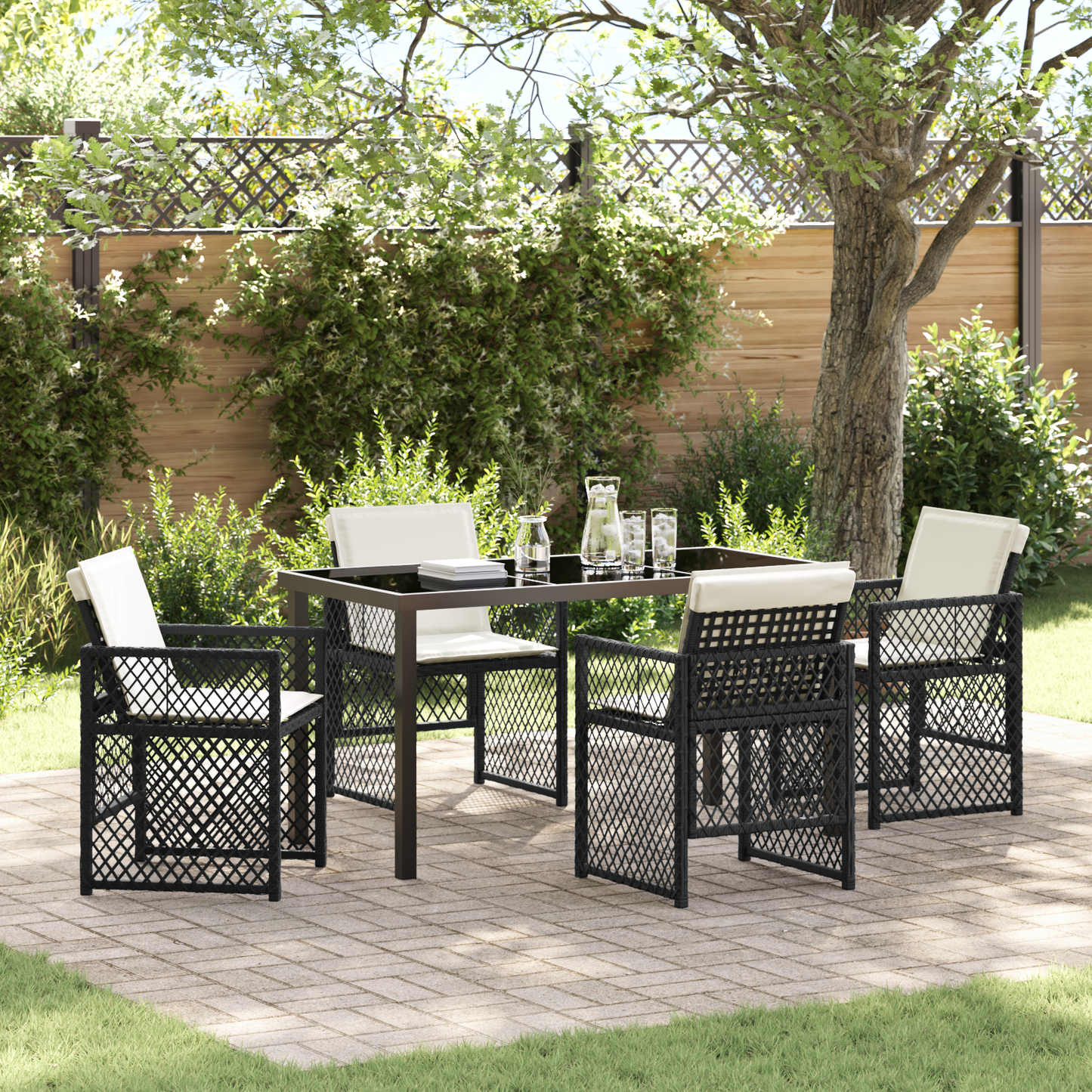 5 Piece Garden Dining Set with Cushions Black Poly Rattan