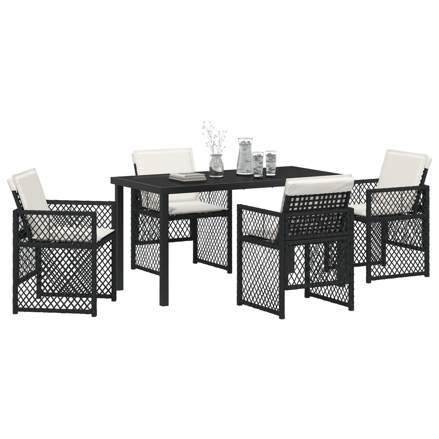 5 Piece Garden Dining Set with Cushions Black Poly Rattan