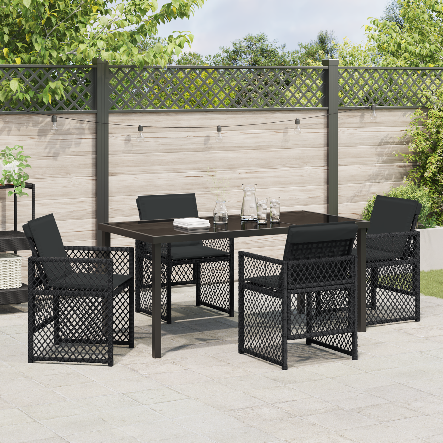 5 Piece Garden Dining Set with Cushions Black Poly Rattan