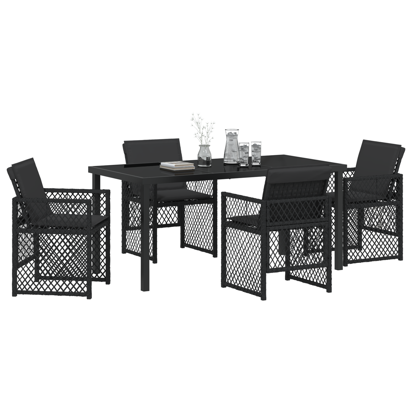 5 Piece Garden Dining Set with Cushions Black Poly Rattan