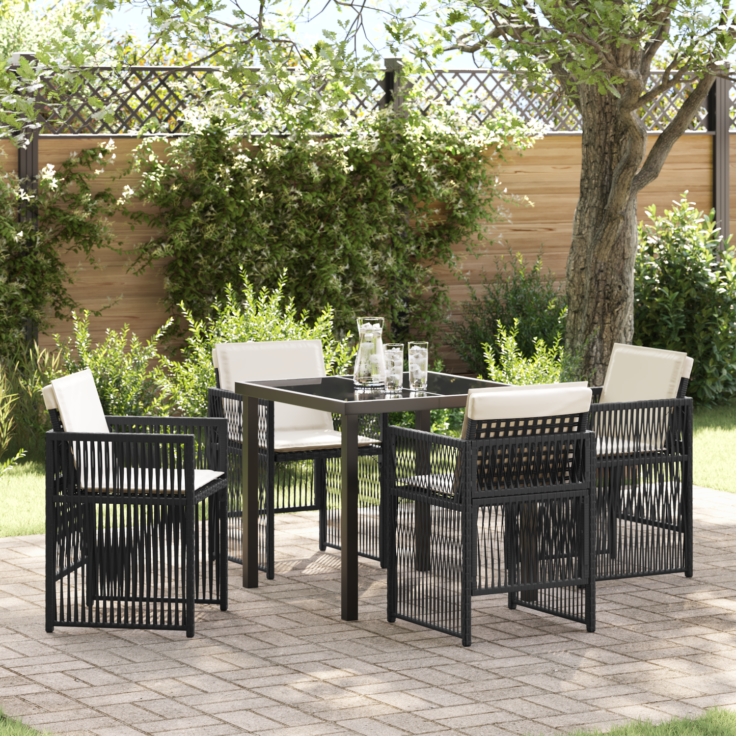 5 Piece Garden Dining Set with Cushions Black Poly Rattan