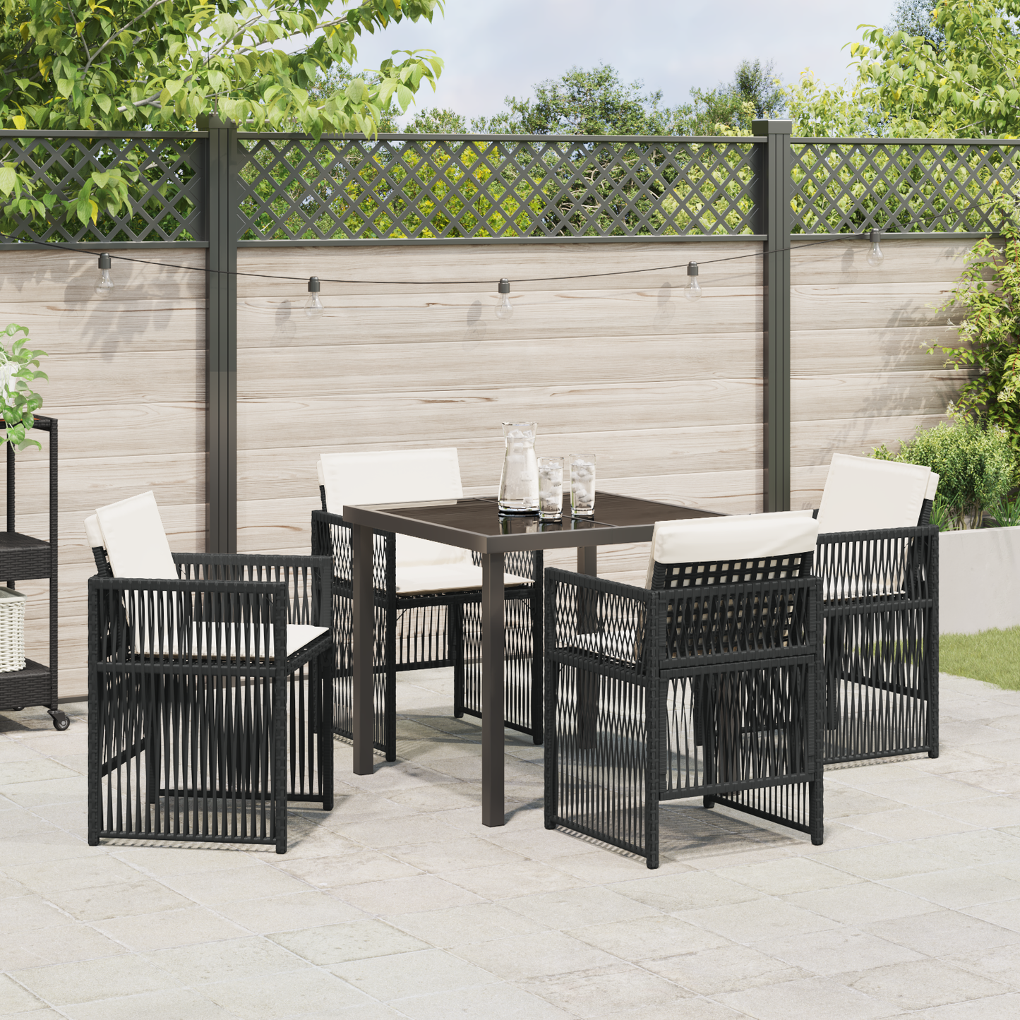 5 Piece Garden Dining Set with Cushions Black Poly Rattan