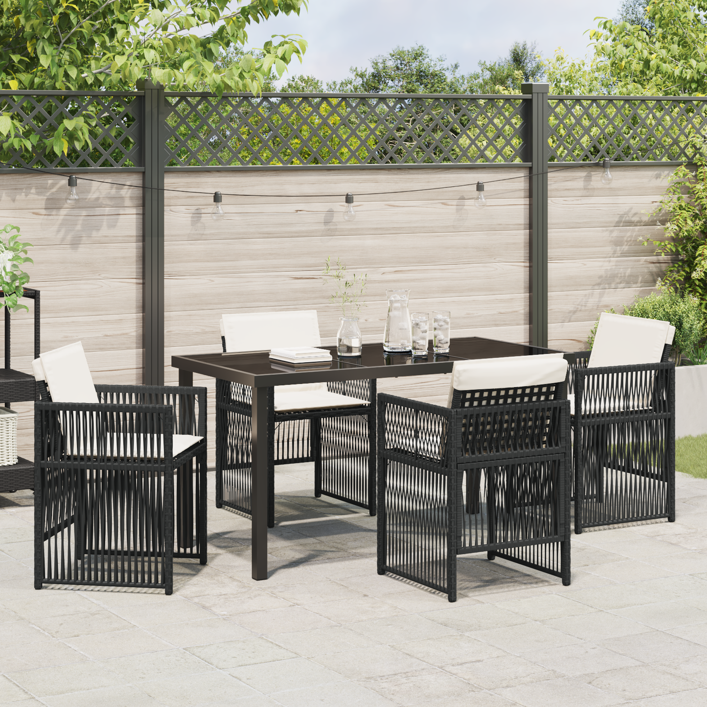 5 Piece Garden Dining Set with Cushions Black Poly Rattan