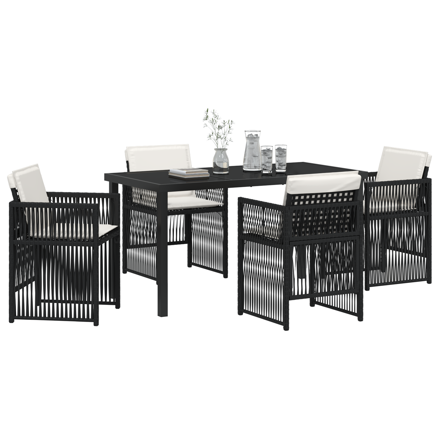 5 Piece Garden Dining Set with Cushions Black Poly Rattan