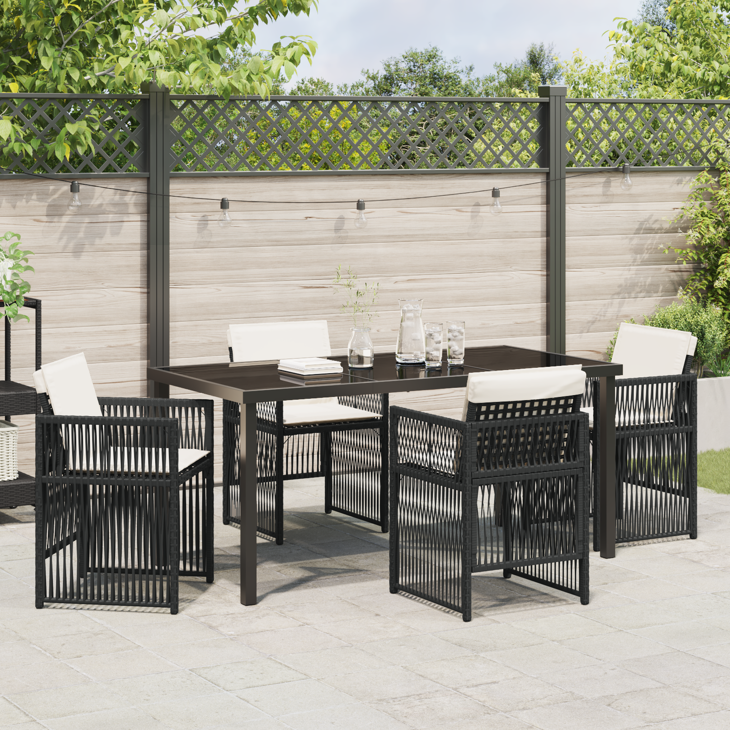 5 Piece Garden Dining Set with Cushions Black Poly Rattan