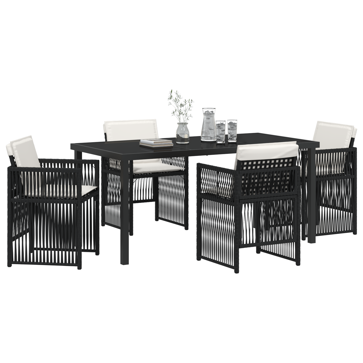 5 Piece Garden Dining Set with Cushions Black Poly Rattan