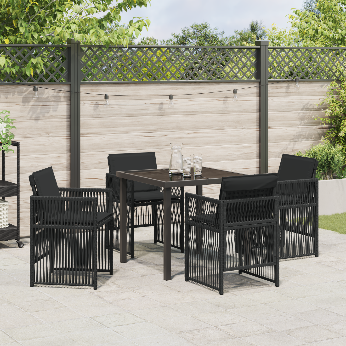 5 Piece Garden Dining Set with Cushions Black Poly Rattan