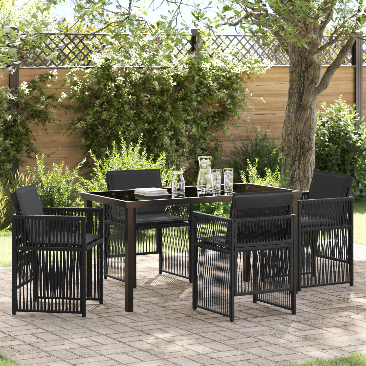 5 Piece Garden Dining Set with Cushions Black Poly Rattan