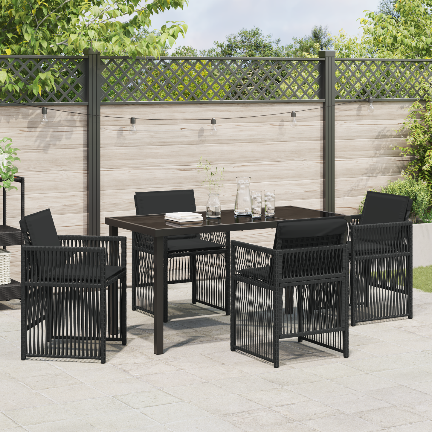 5 Piece Garden Dining Set with Cushions Black Poly Rattan