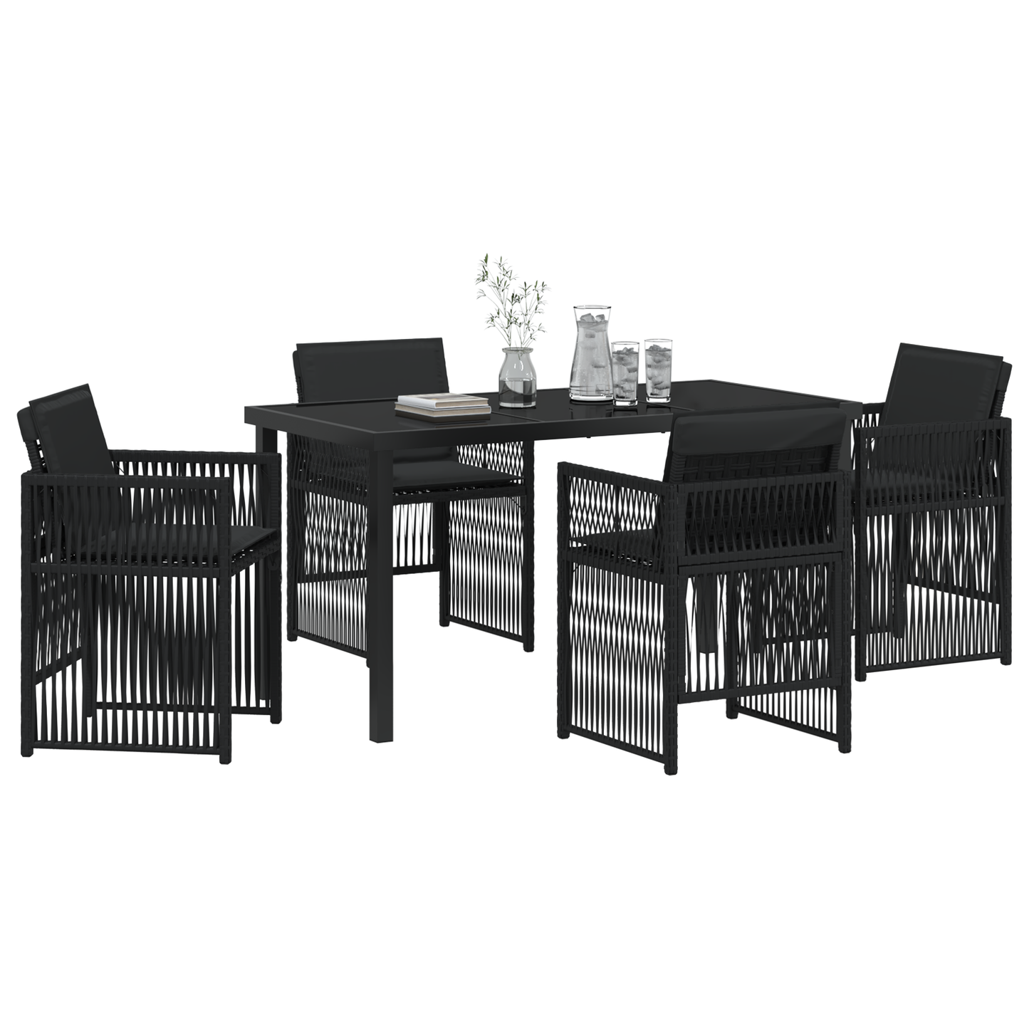 5 Piece Garden Dining Set with Cushions Black Poly Rattan