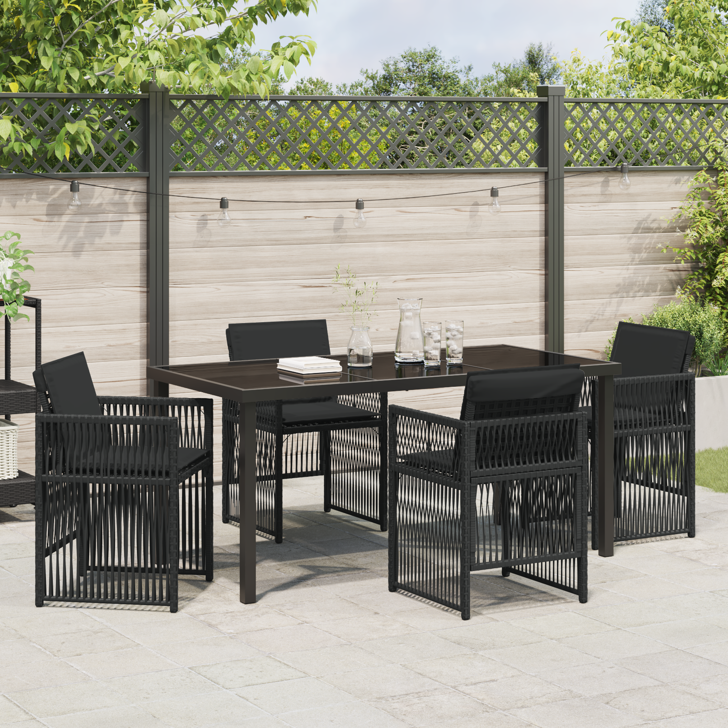 5 Piece Garden Dining Set with Cushions Black Poly Rattan
