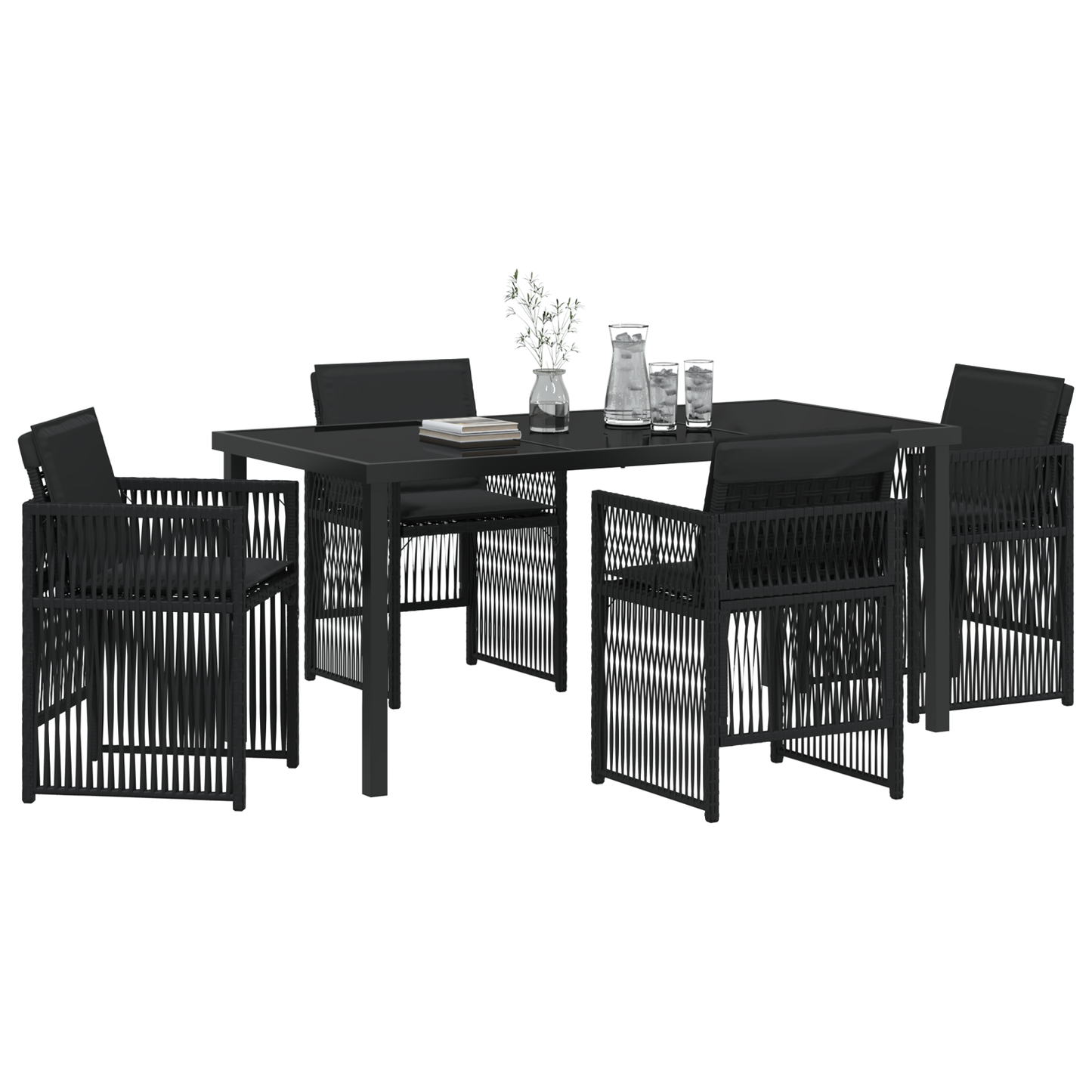 5 Piece Garden Dining Set with Cushions Black Poly Rattan