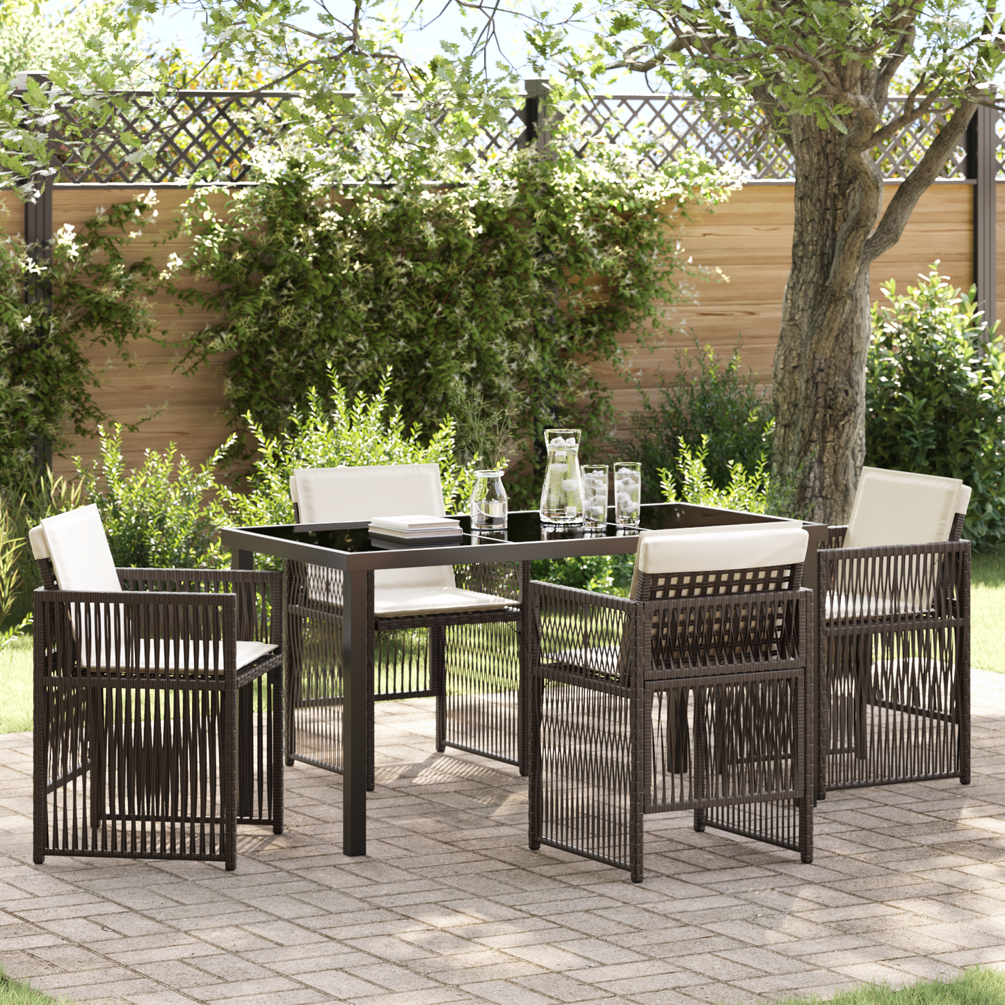 5 Piece Garden Dining Set with Cushions Brown Poly Rattan