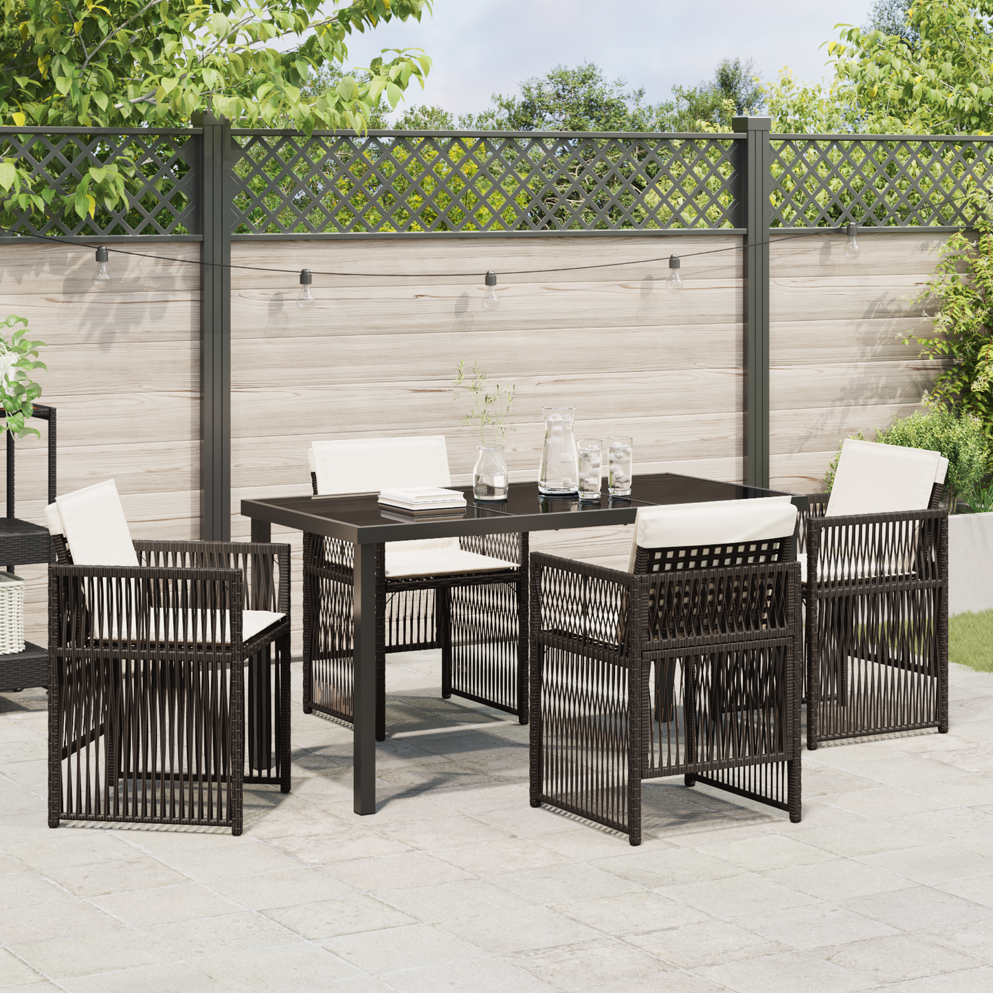 5 Piece Garden Dining Set with Cushions Brown Poly Rattan