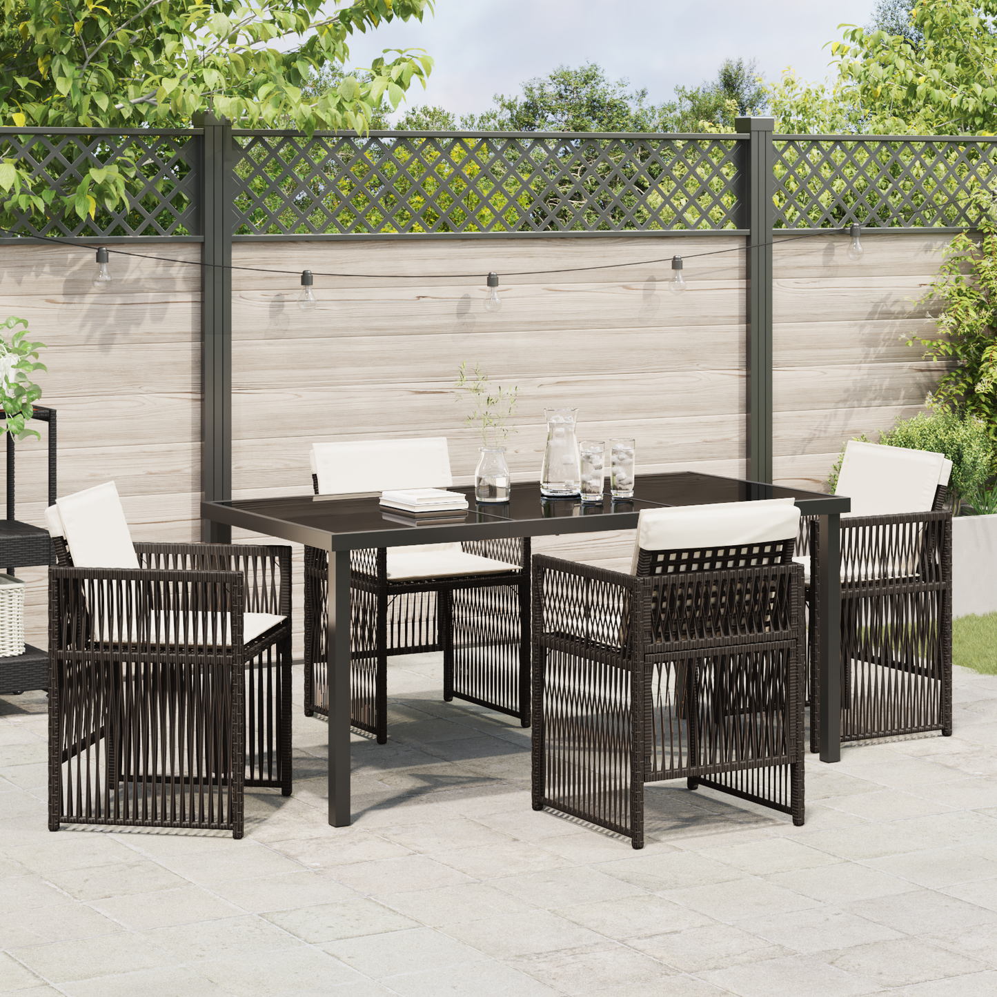5 Piece Garden Dining Set with Cushions Brown Poly Rattan