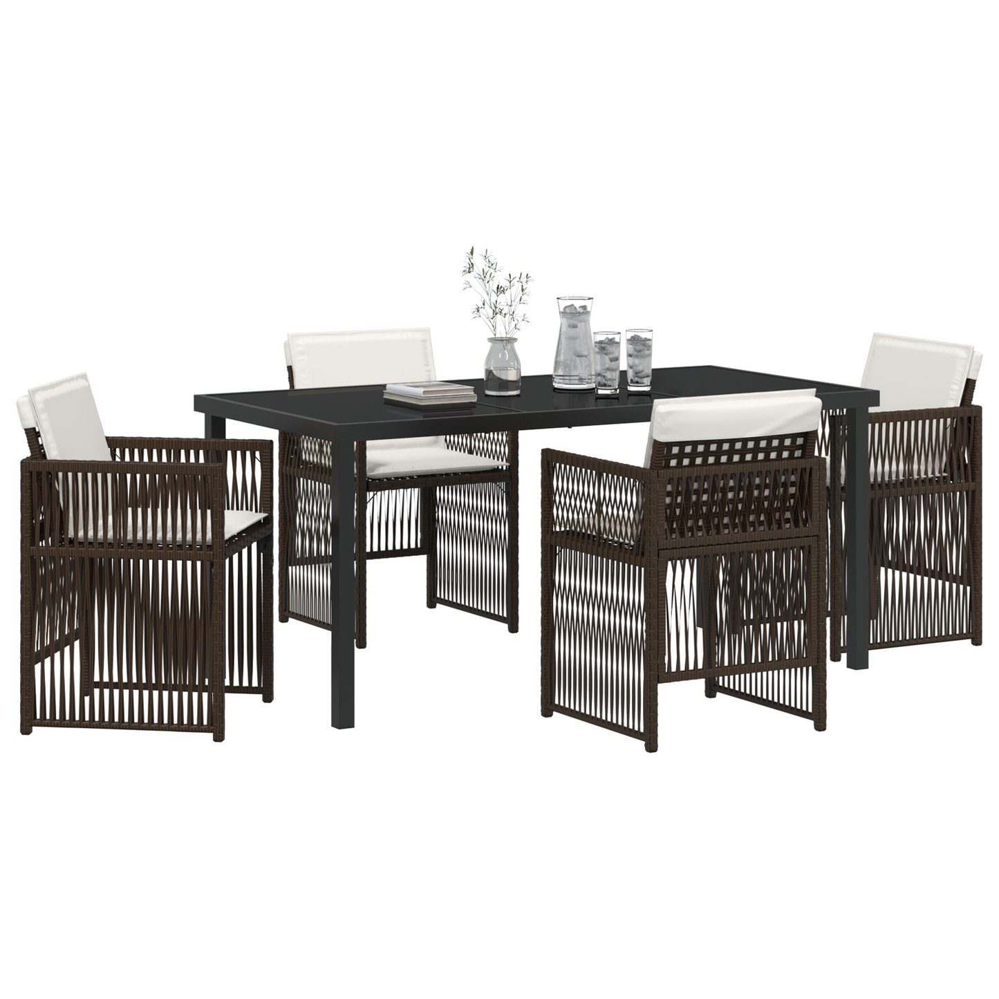 5 Piece Garden Dining Set with Cushions Brown Poly Rattan