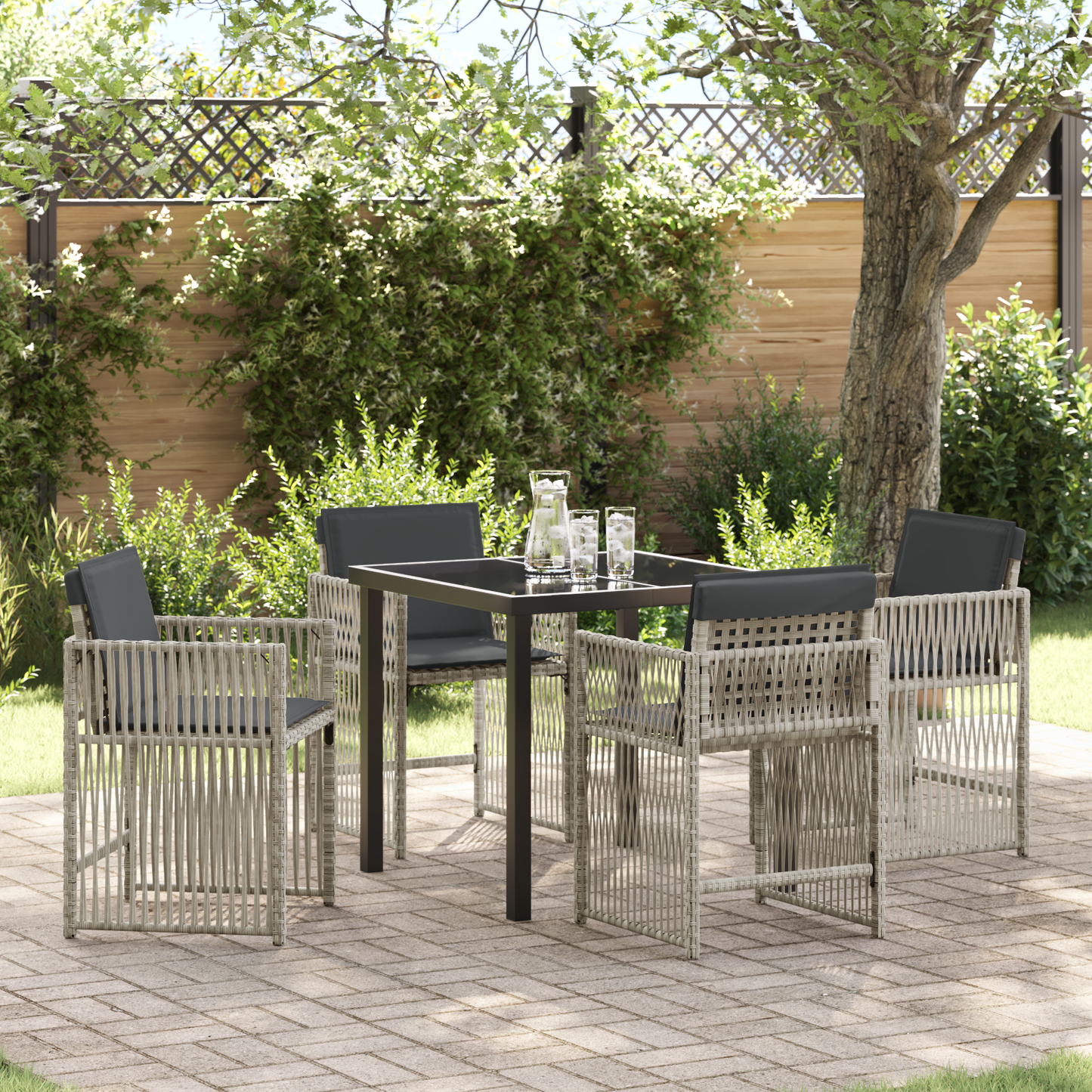 5 Piece Garden Dining Set with Cushions Light Grey Poly Rattan