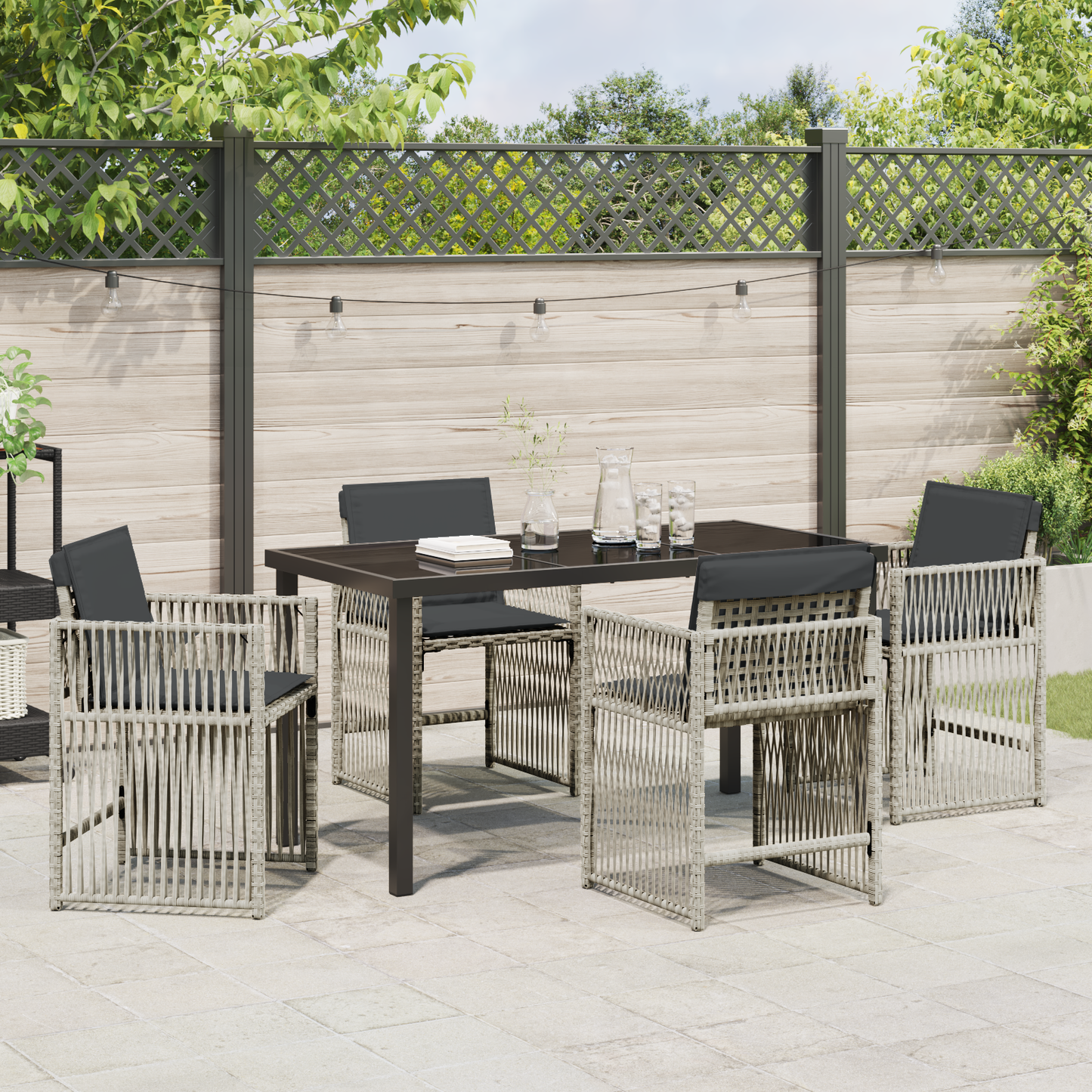 5 Piece Garden Dining Set with Cushions Light Grey Poly Rattan