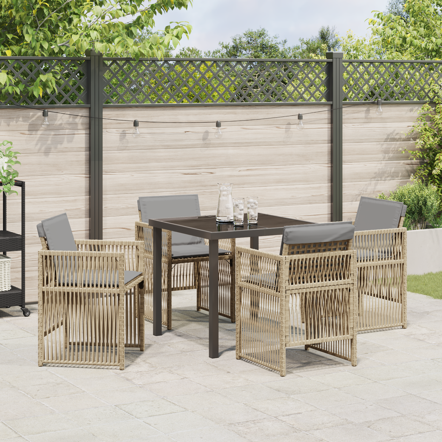 5 Piece Garden Dining Set with Cushions Beige Poly Rattan