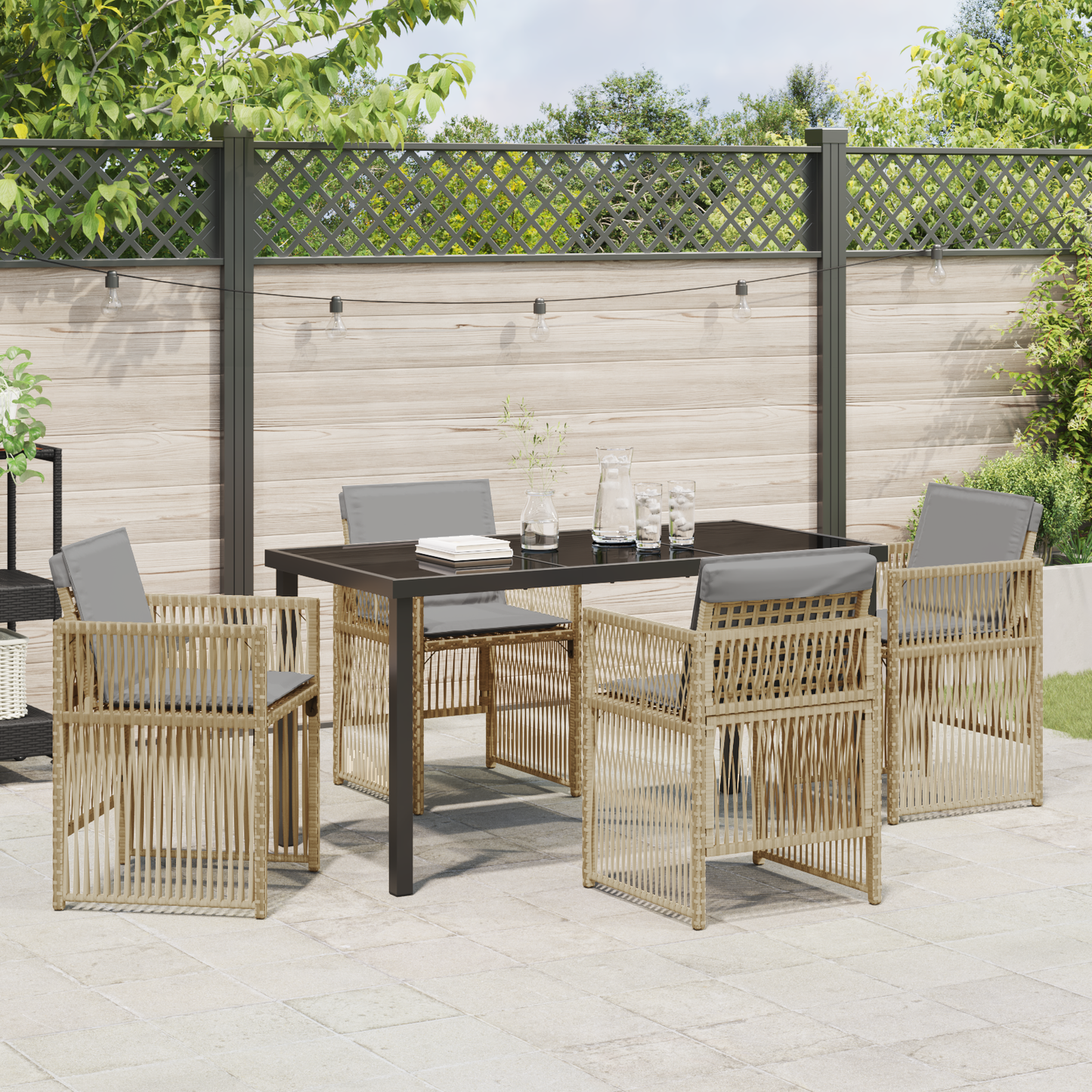 5 Piece Garden Dining Set with Cushions in Beige Poly Rattan