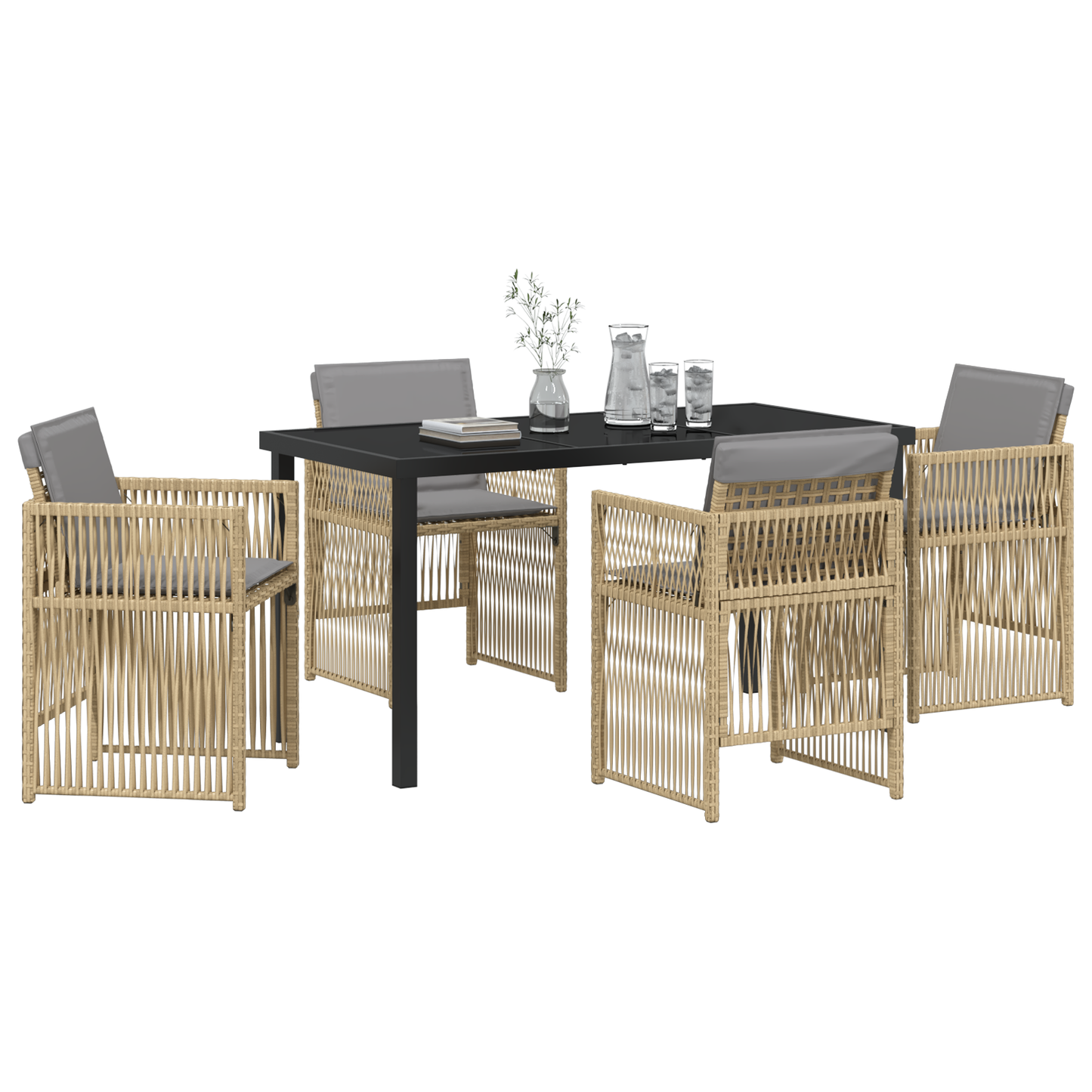 5 Piece Garden Dining Set with Cushions in Beige Poly Rattan