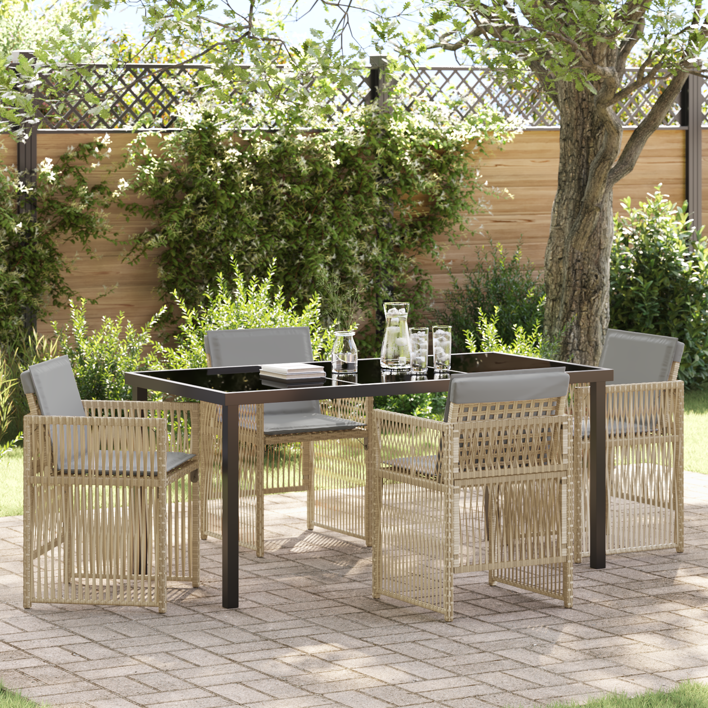 5 Piece Garden Dining Set with Cushions Beige Poly Rattan