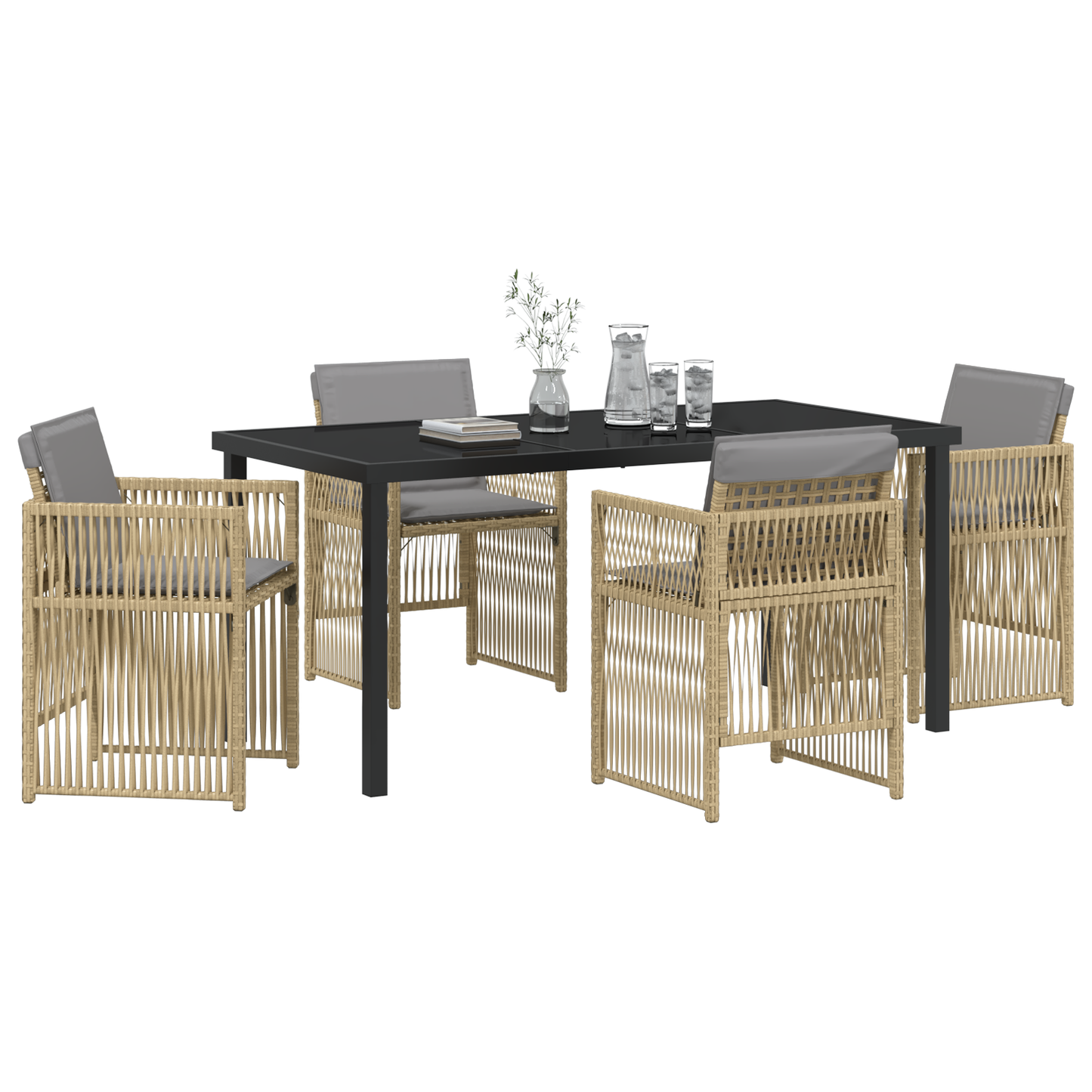 5 Piece Garden Dining Set with Cushions Beige Poly Rattan