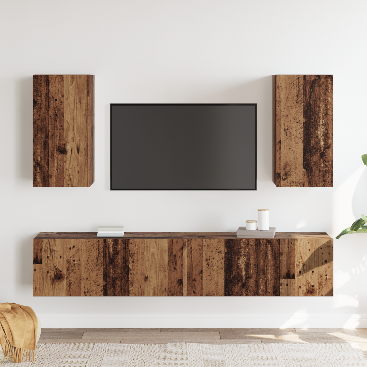 4 Piece TV Cabinet Set Wall-mounted Old Wood Engineered Wood