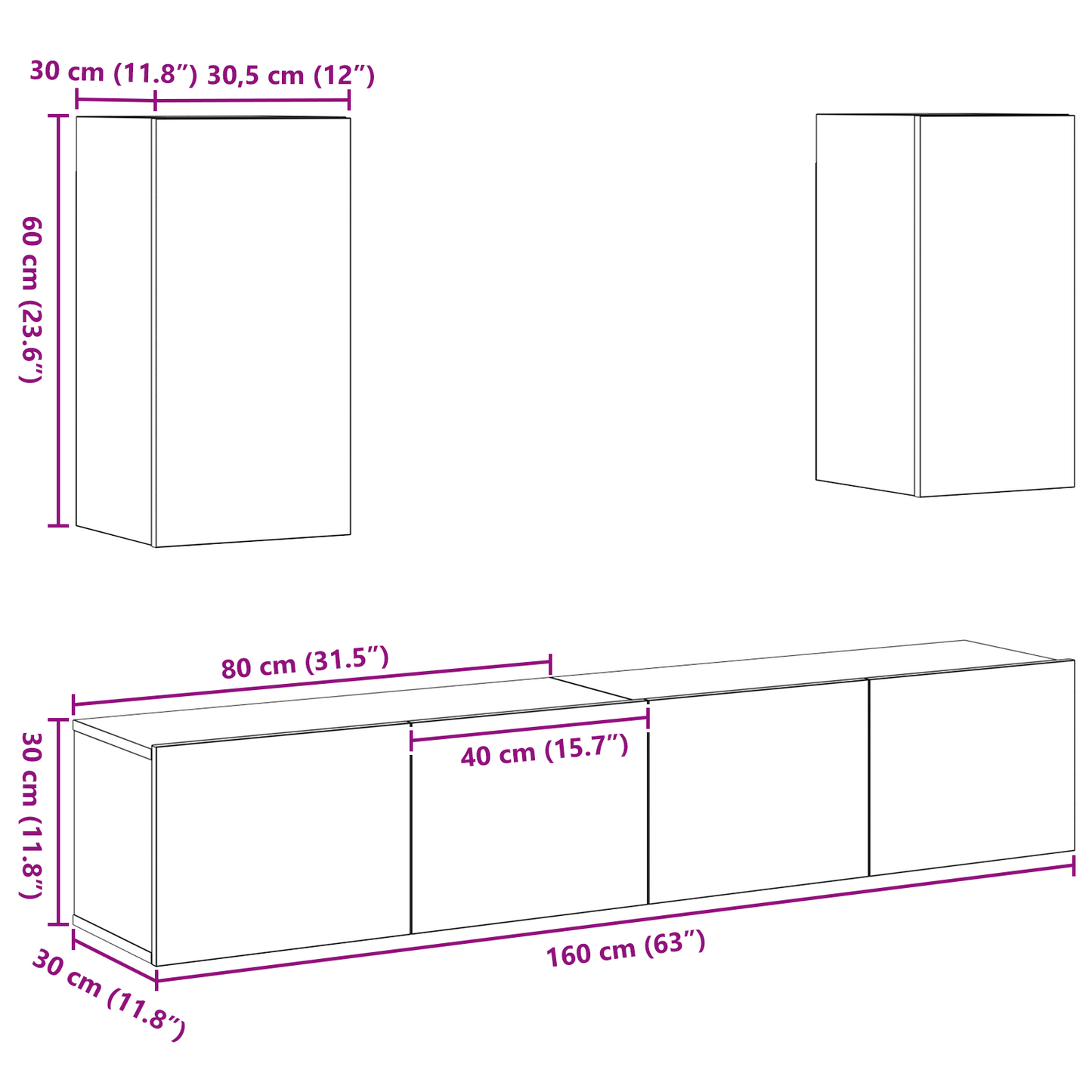 4 Piece TV Cabinet Set Wall-mounted Old Wood Engineered Wood