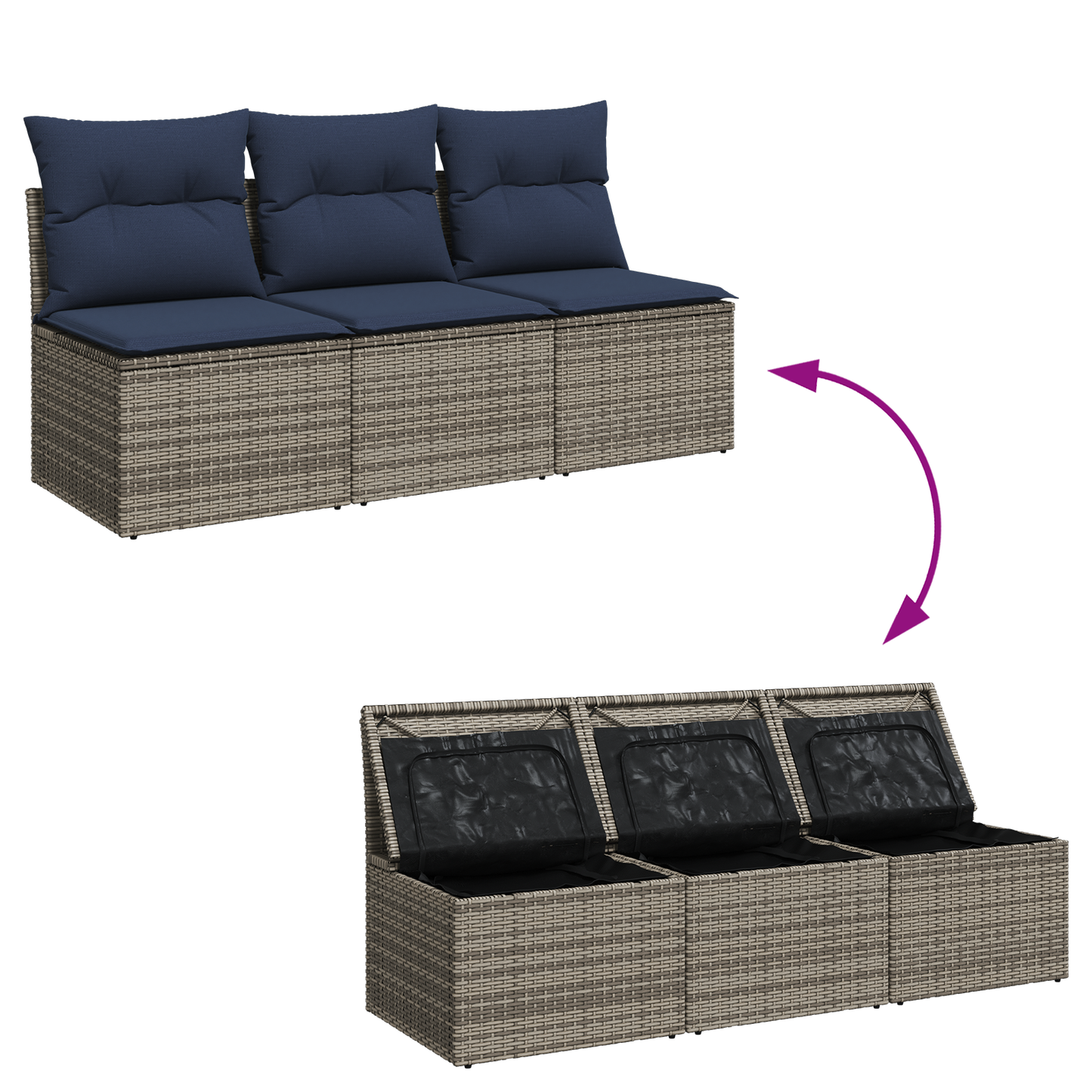 Garden Sofa Dark Blue Rattan, Polyester Large