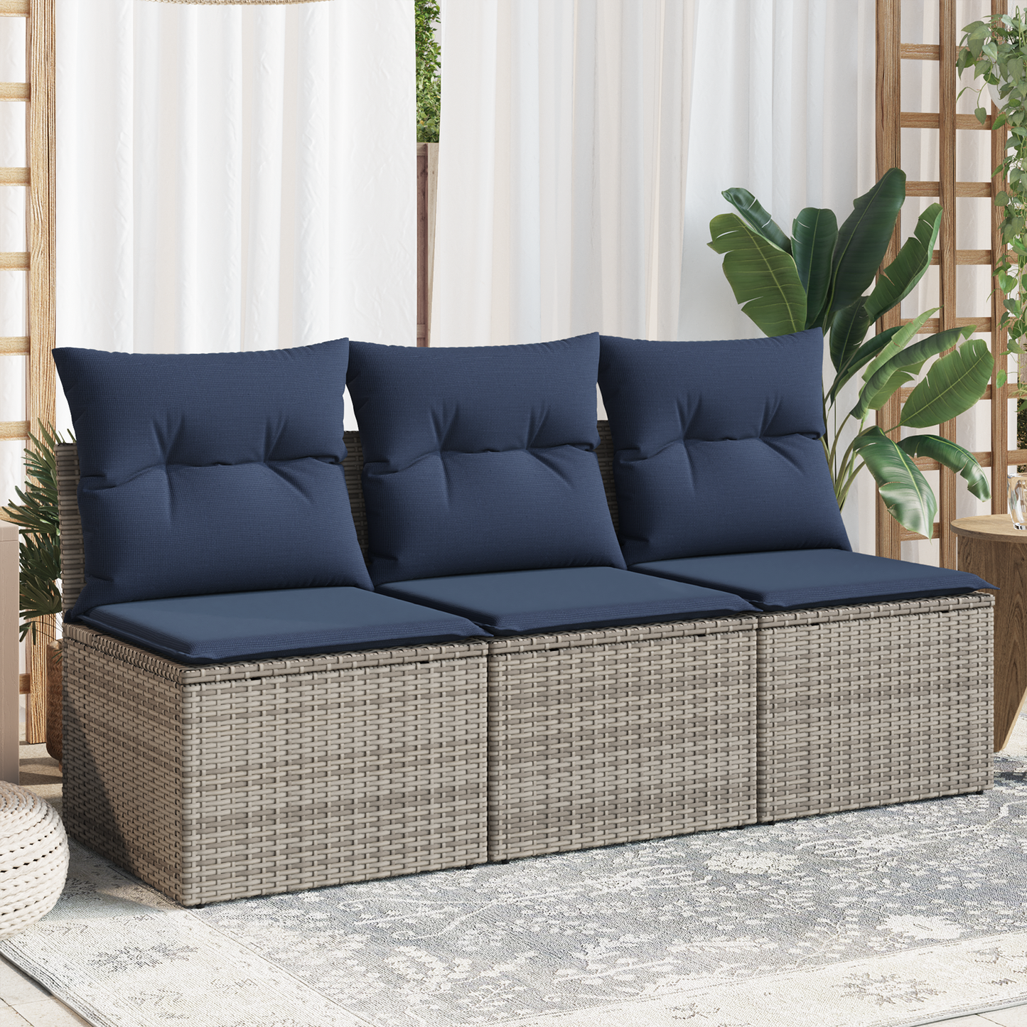 Garden Sofa Dark Blue Rattan, Polyester Large